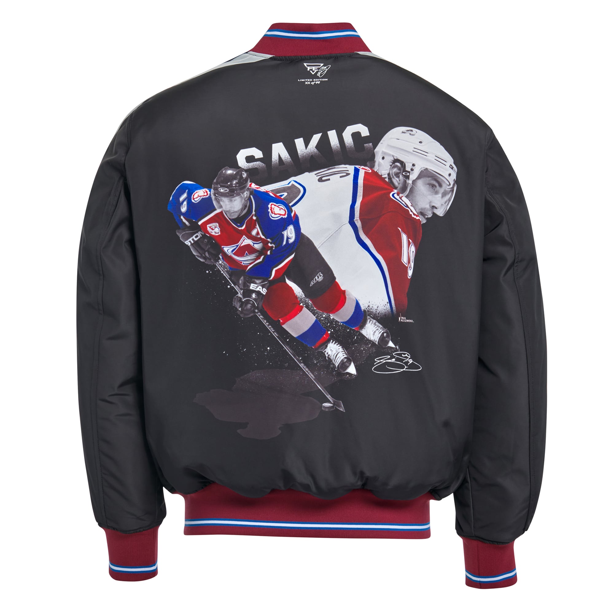 Veste bomber réversible zippée intégrale FE Joe Sakic Charcoal Colorado Avalanche pour homme