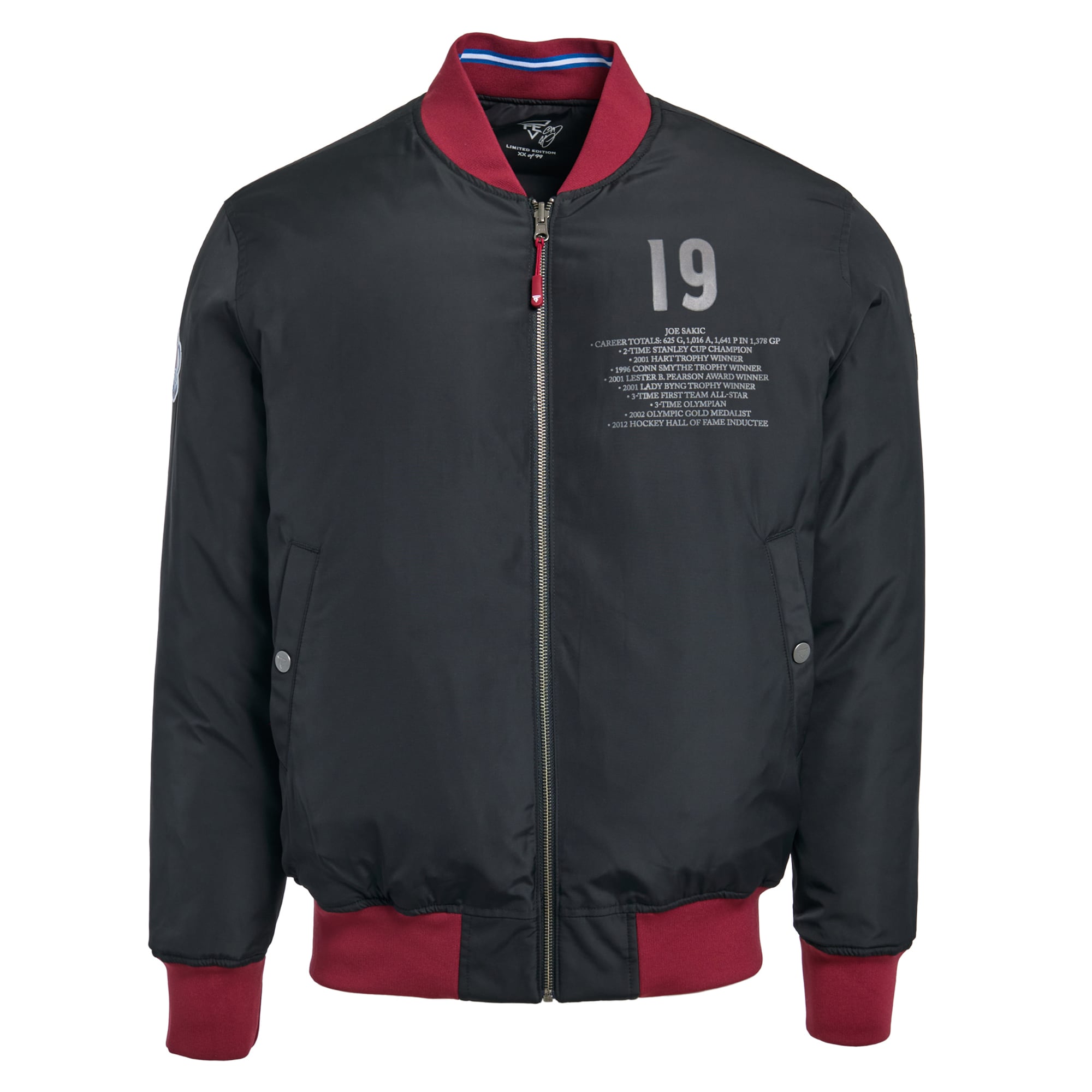 Veste bomber réversible zippée intégrale FE Joe Sakic Charcoal Colorado Avalanche pour homme