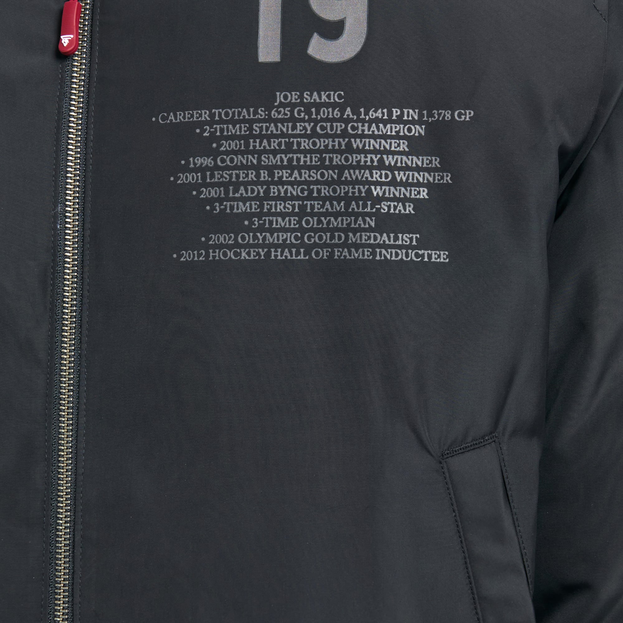 Veste bomber réversible zippée intégrale FE Joe Sakic Charcoal Colorado Avalanche pour homme