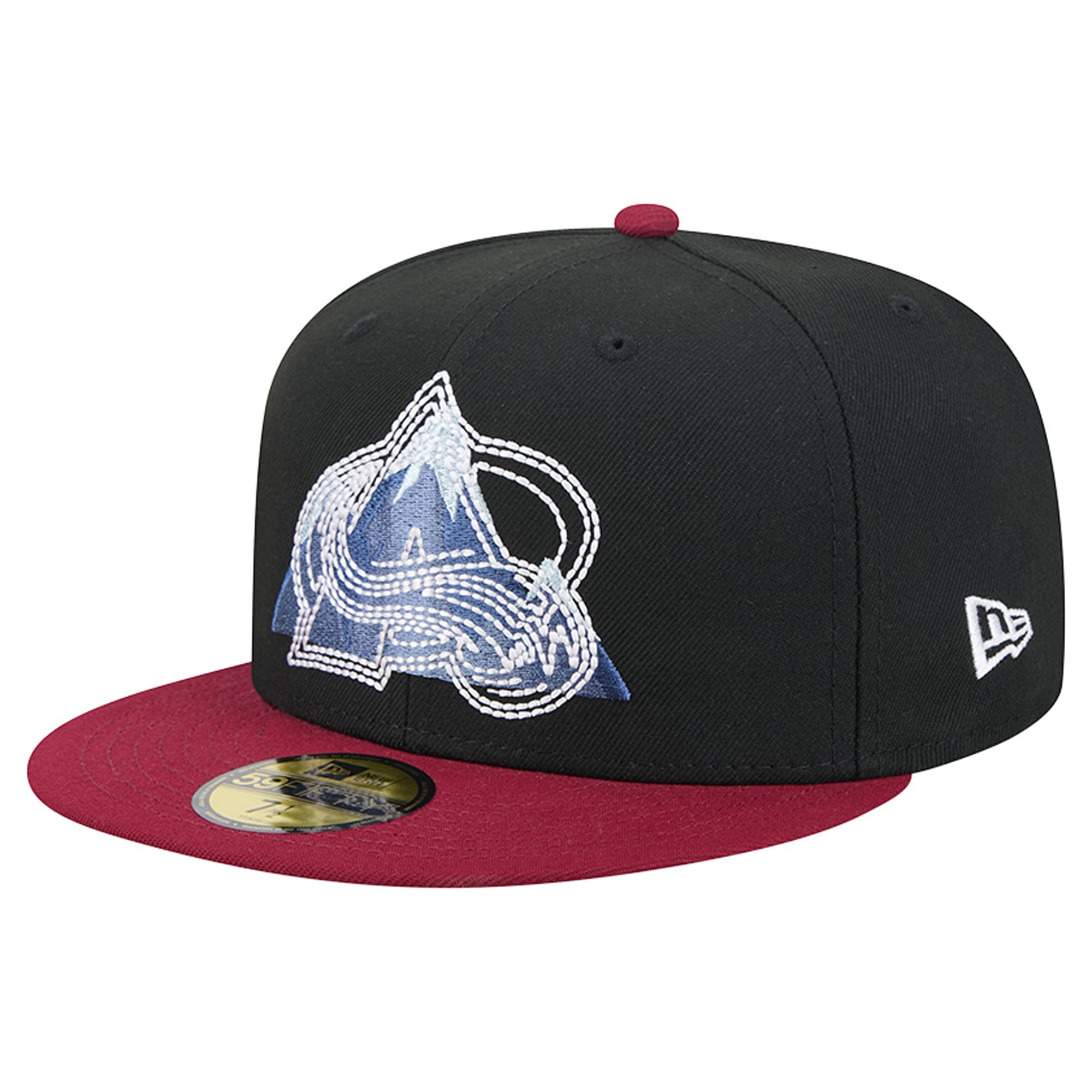 Casquette ajustée New Era 59FIFTY pour homme, noire et bordeaux, avec logo Avalanche du Colorado surpiqûres.
