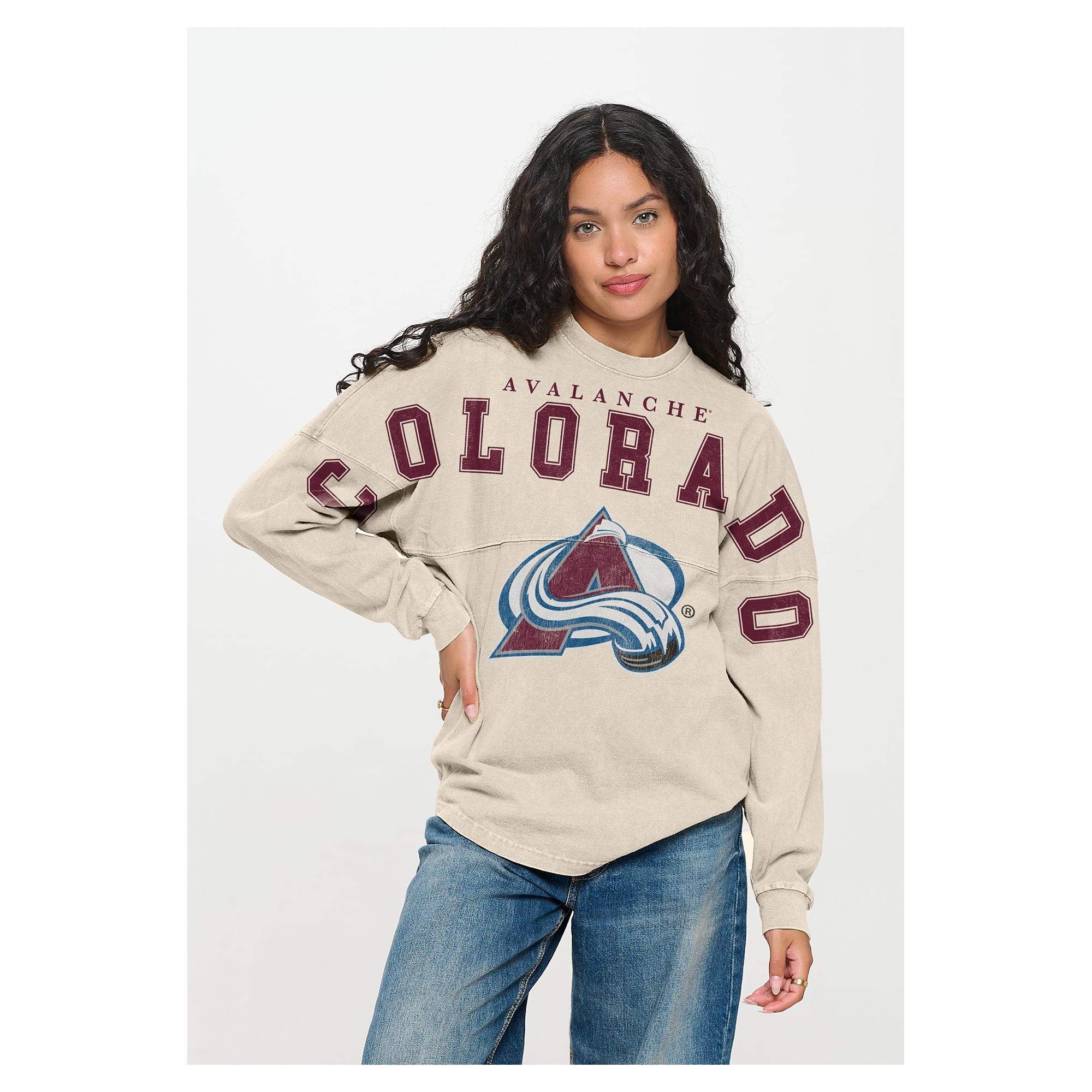 T-shirt unisexe Fanatics crème Colorado Avalanche à manches longues, oversize, imprimé sur le devant, Spirit Jersey