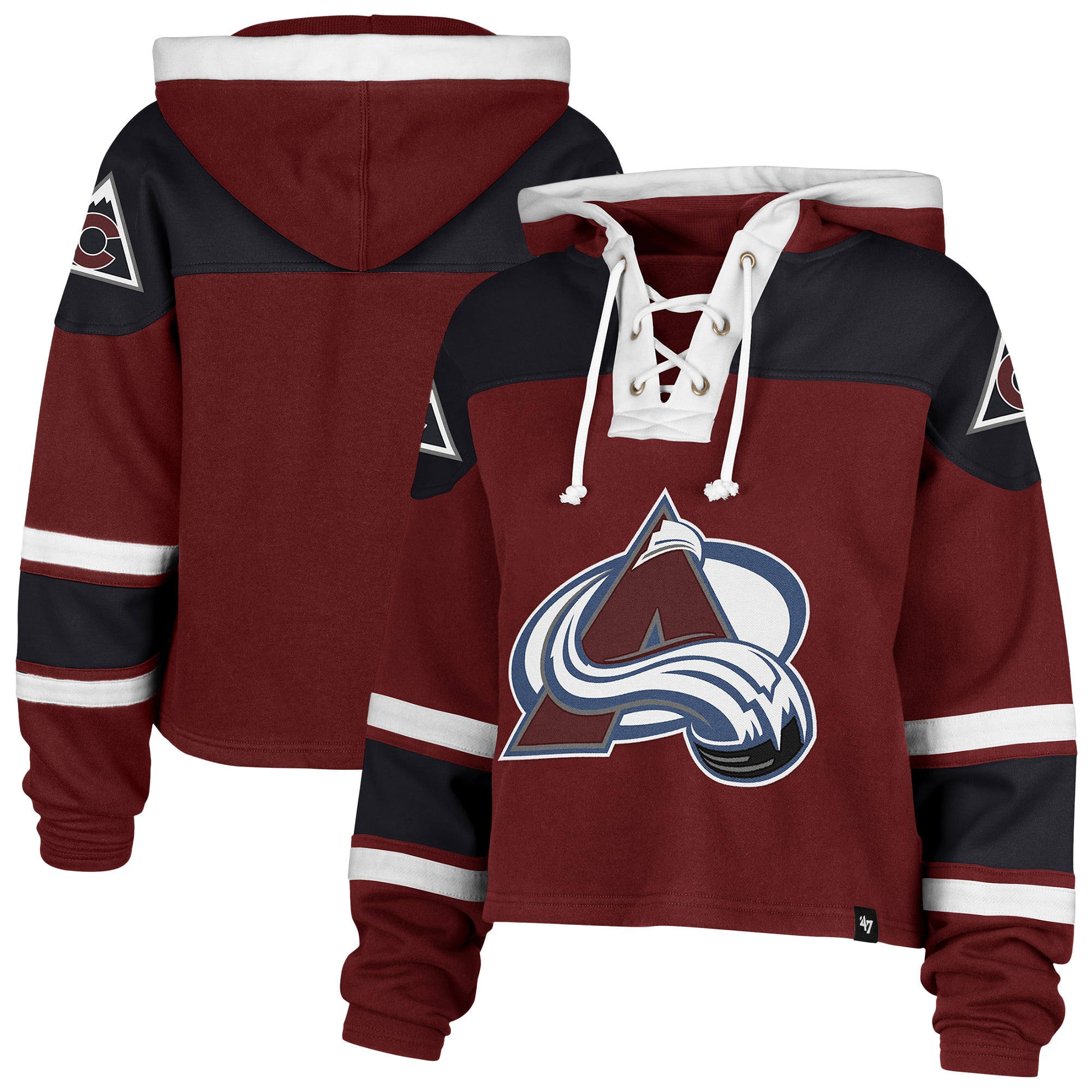Sweat à capuche court lacets Cardinal Colorado Avalanche '47 pour femme