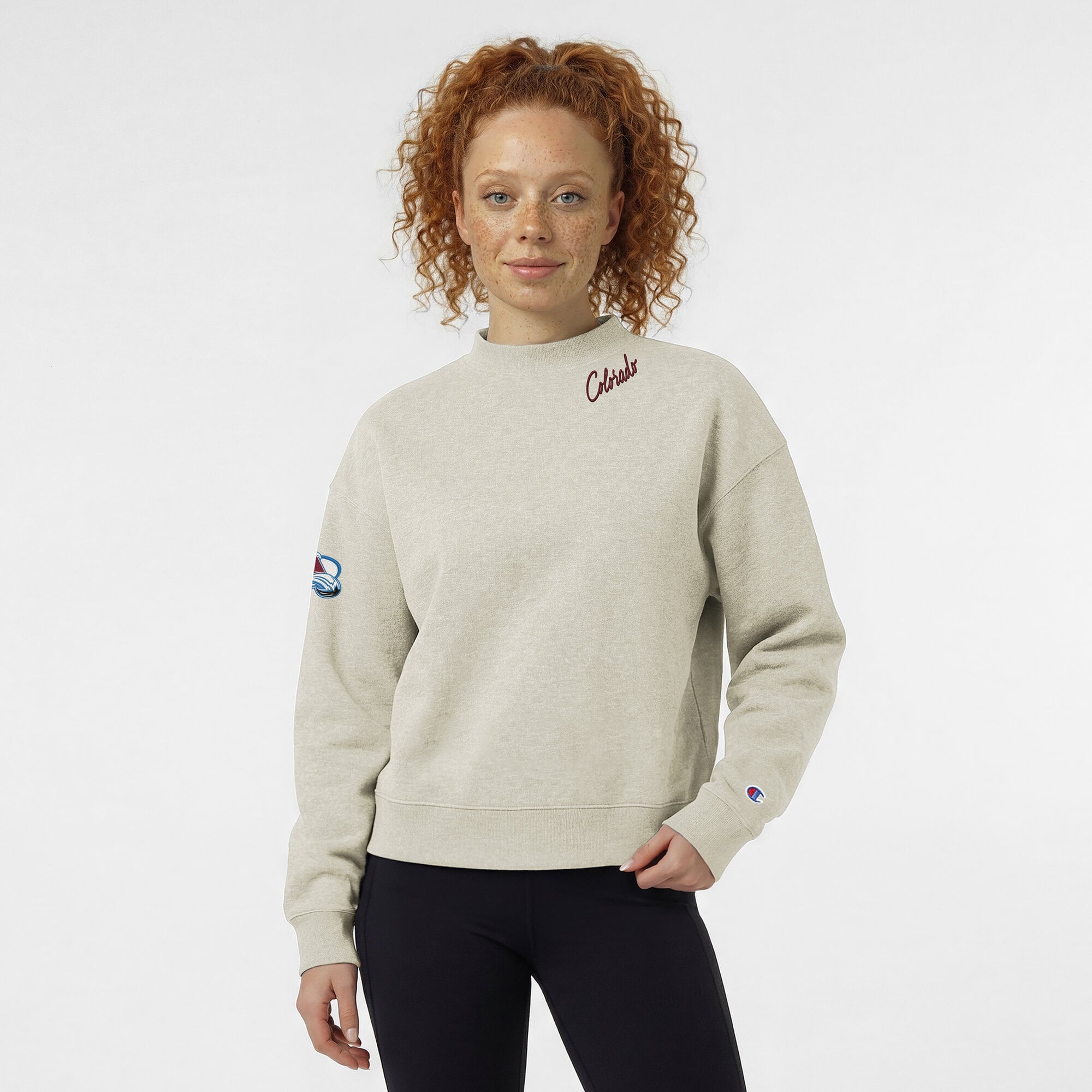 Women's Champion  Oatmeal Colorado Avalanche Collar Script Triumph Tri-Blend Fleece Sweatshirt