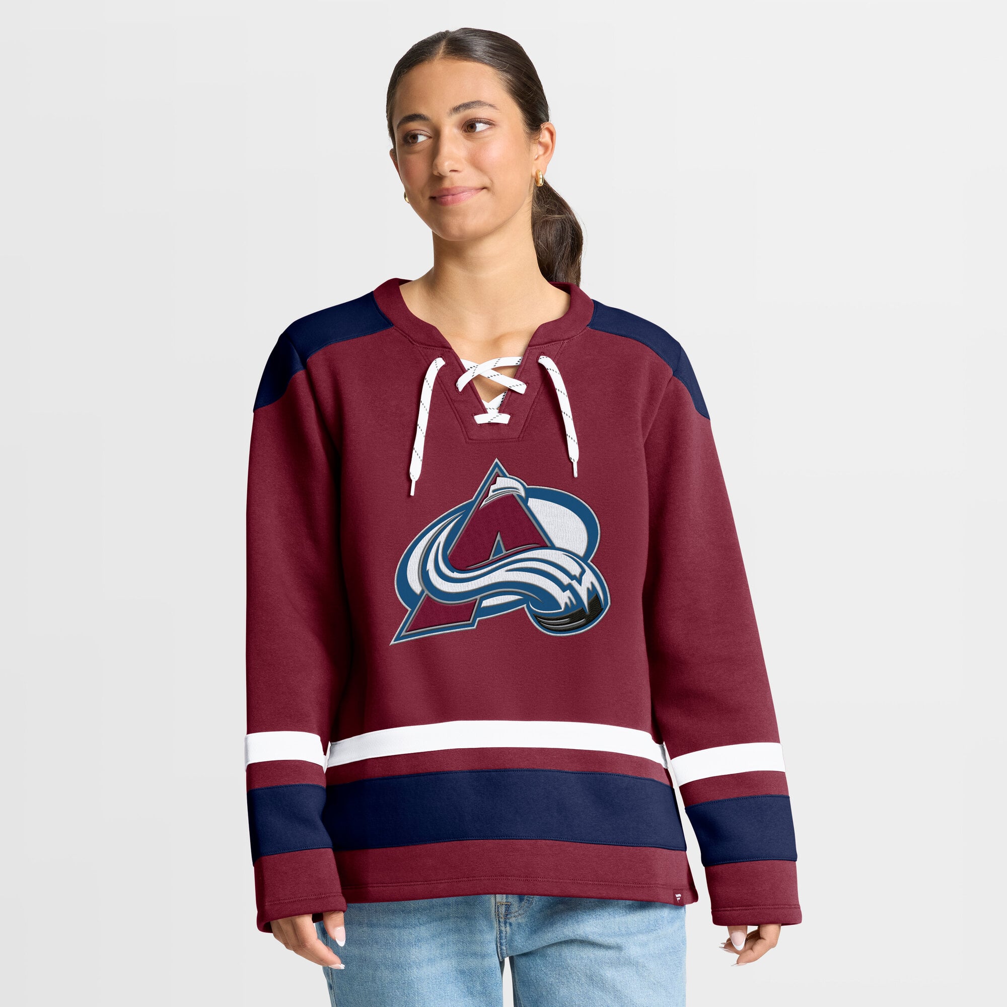 Sweat-shirt à lacets manches longues et imprimé givré Fanatics pour femme, couleur bordeaux, Colorado Avalanche