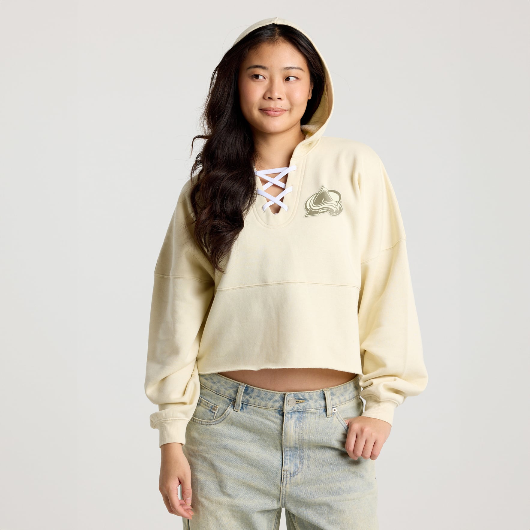 Women's Fanatics Cream Colorado Avalanche Lace Up Cropped Hoodie