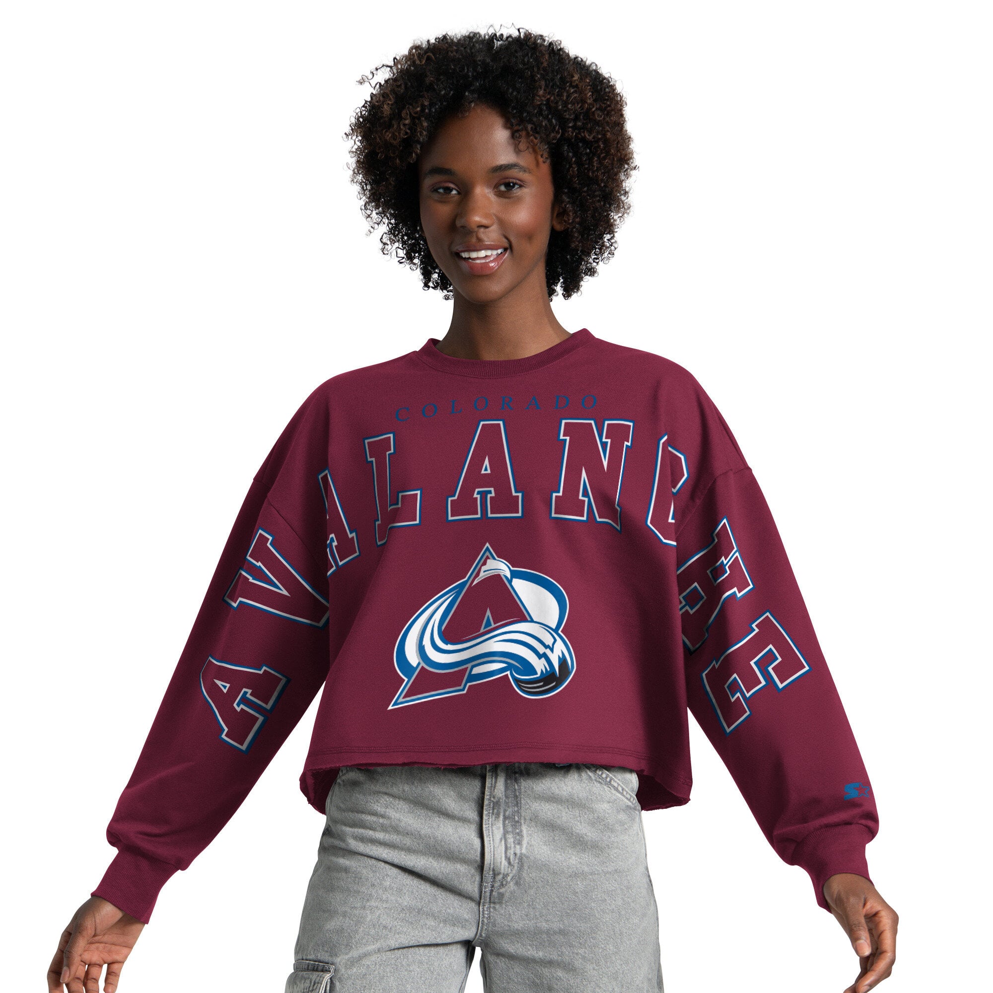 Sweat-shirt court à épaules tombantes Starter pour femme, couleur bordeaux, Colorado Avalanche Bleachers
