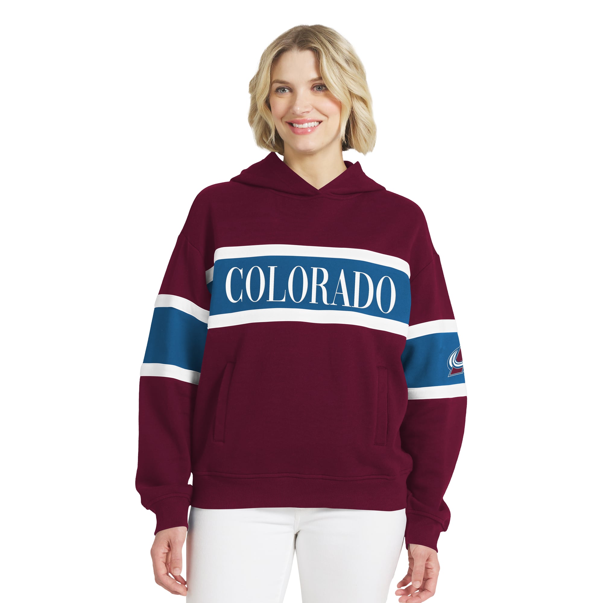 Sweat à capuche rayé colorblock bordeaux Colorado Avalanche pour femme de la marque WEAR by Erin Andrews