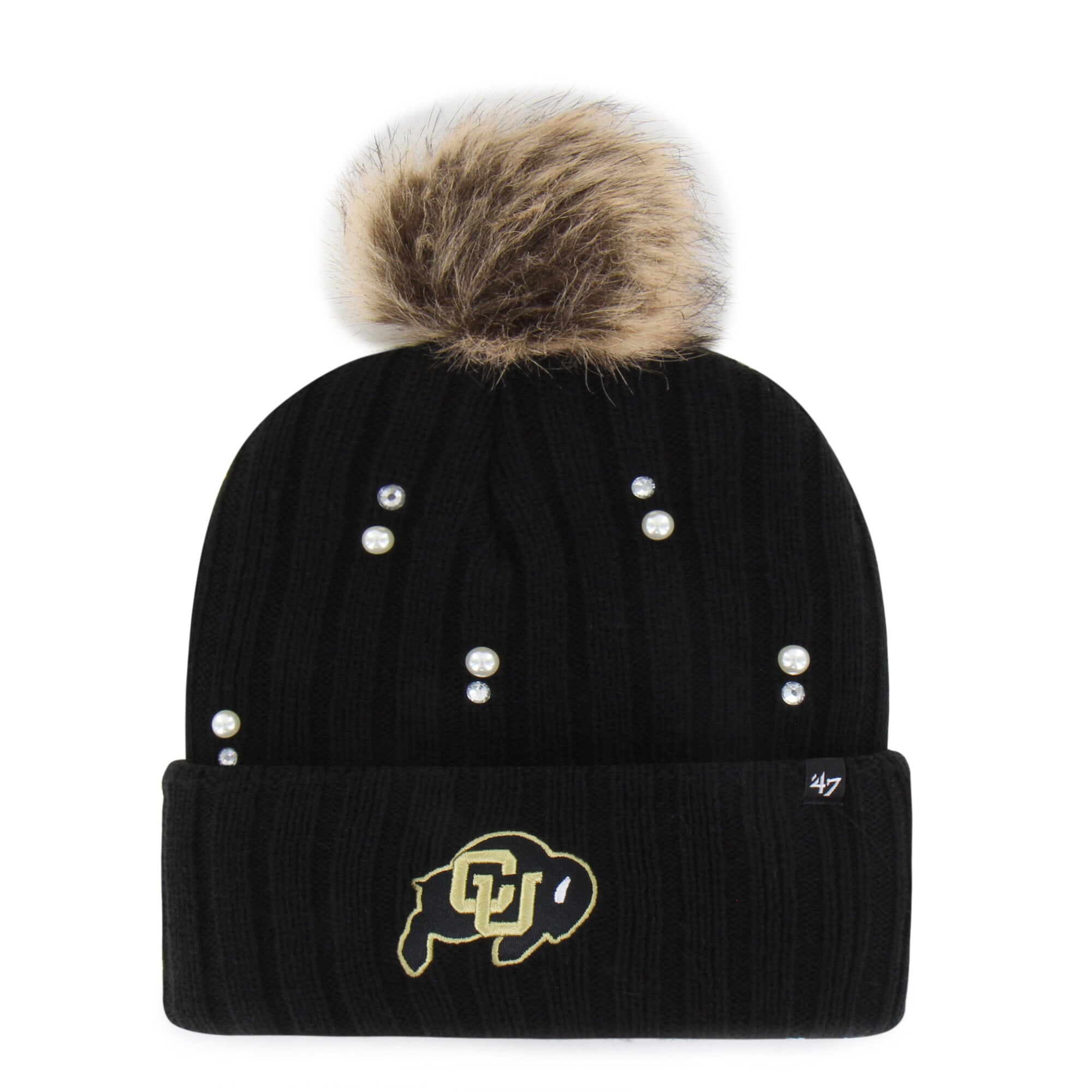 Bonnet en maille de fourrure nacrée « 47 Black Colorado Buffaloes » pour femme, avec pompon