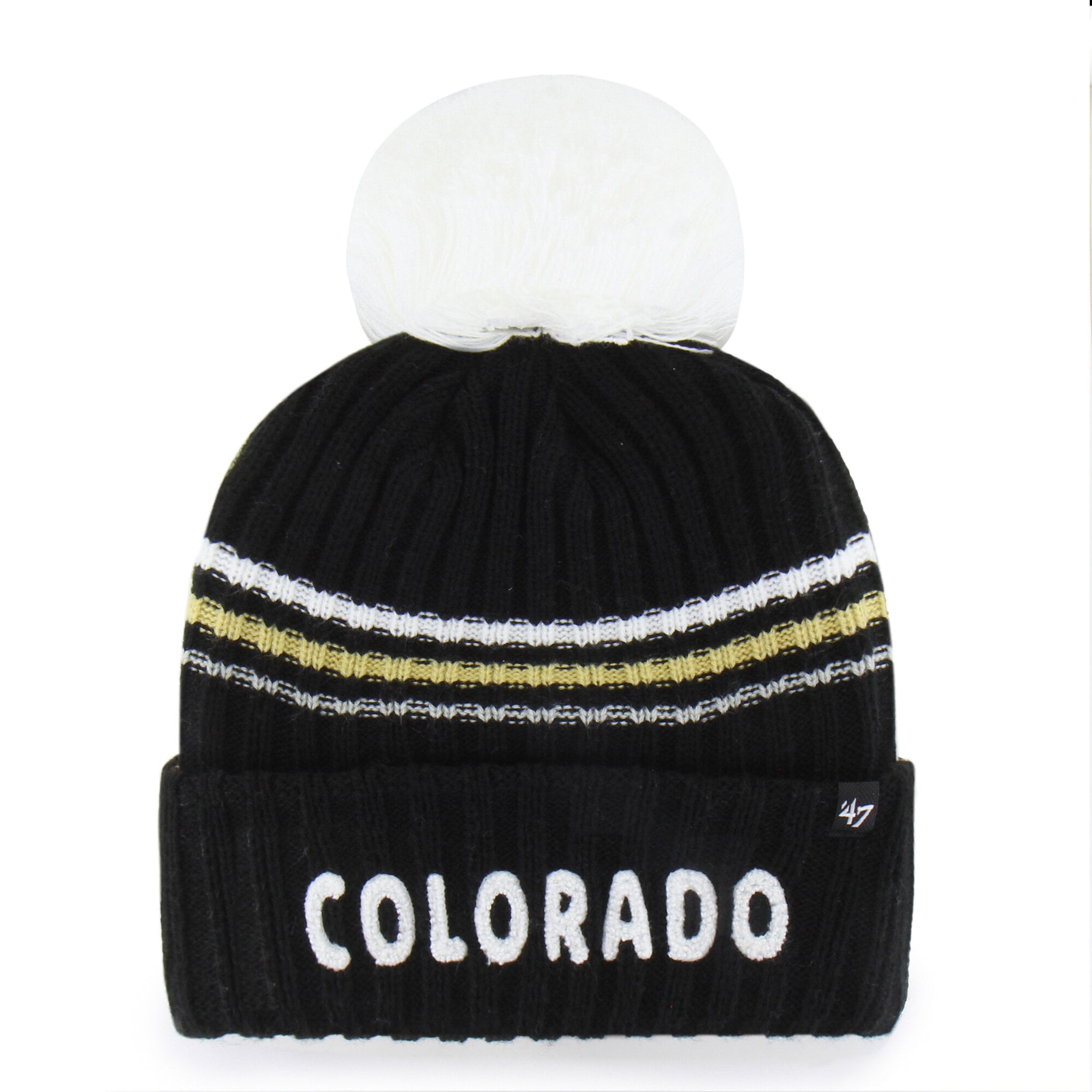 Bonnet tricoté à pompon et inscription duveteuse « 47 Black Colorado Buffaloes » pour femme