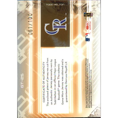 2005 Leaf Certified Materials Gold Team Jersey Number #GT25 Todd Helton/100