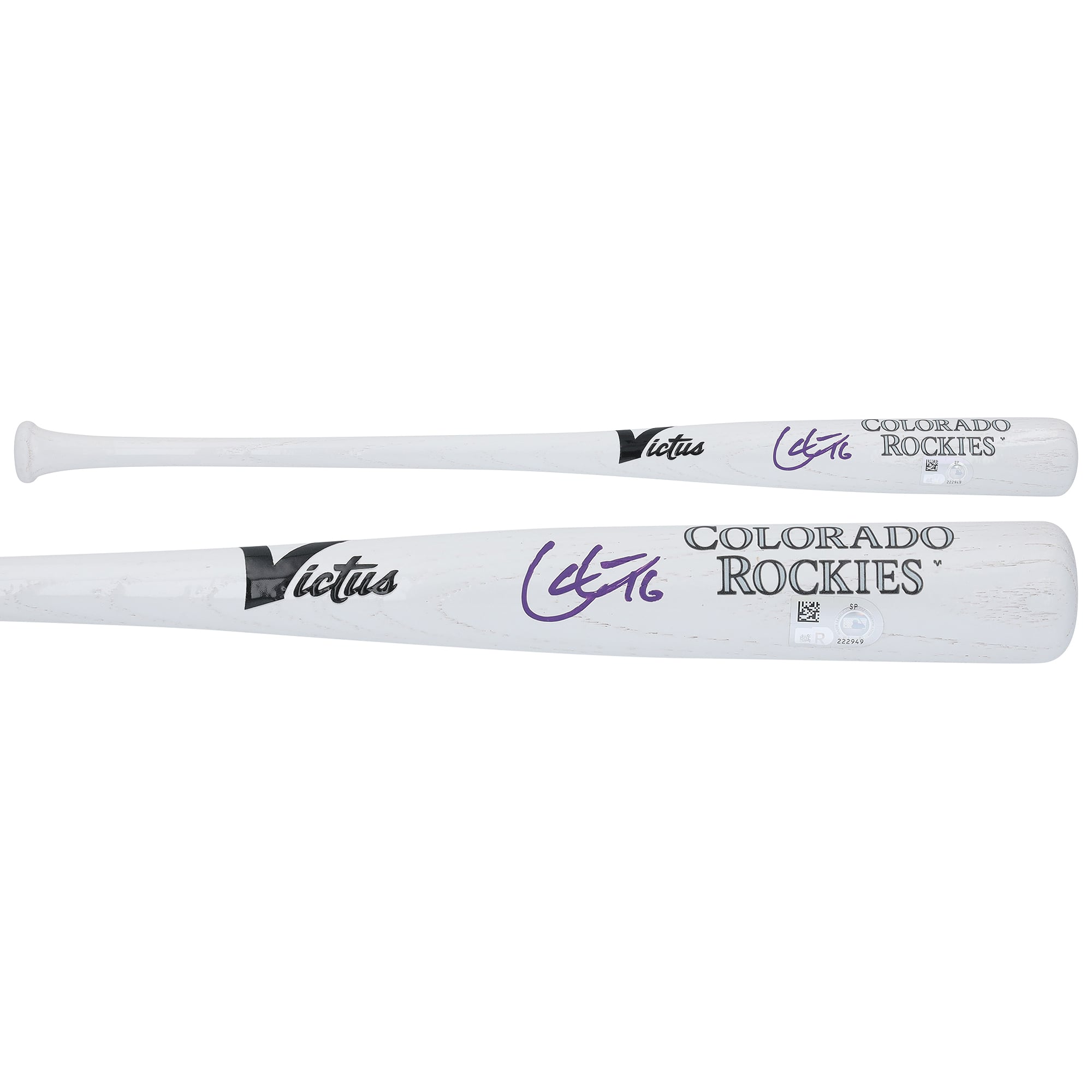 Bâton miniature Victus autographié par Cole Carrigg, des Rockies du Colorado, avec identification de l'équipe.