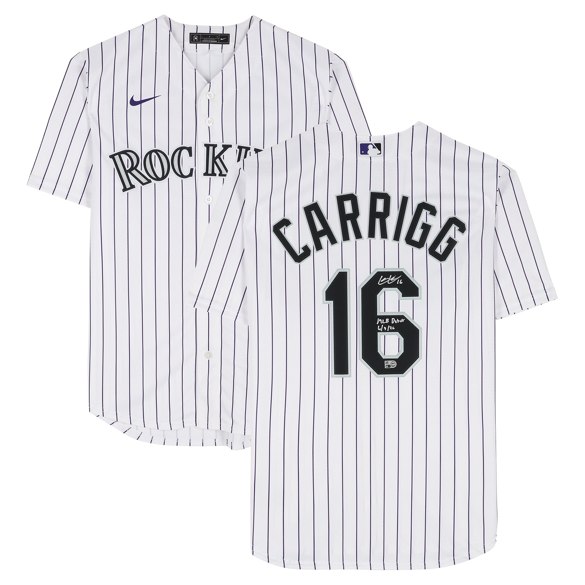 Cole Carrigg Colorado Rockies Autographed White Nike Replica Jersey with "MLB Debut 6/9/26" Inscription