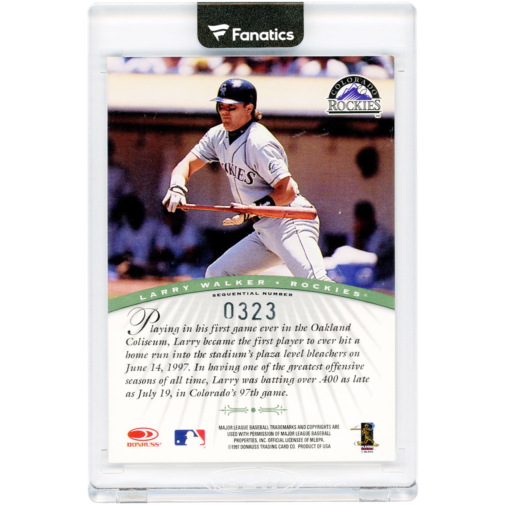Carte autographiée de Larry Walker (Colorado Rockies) de la série Donruss Signature Series Millennium Marks de 1997, numéro NNO et n° 323