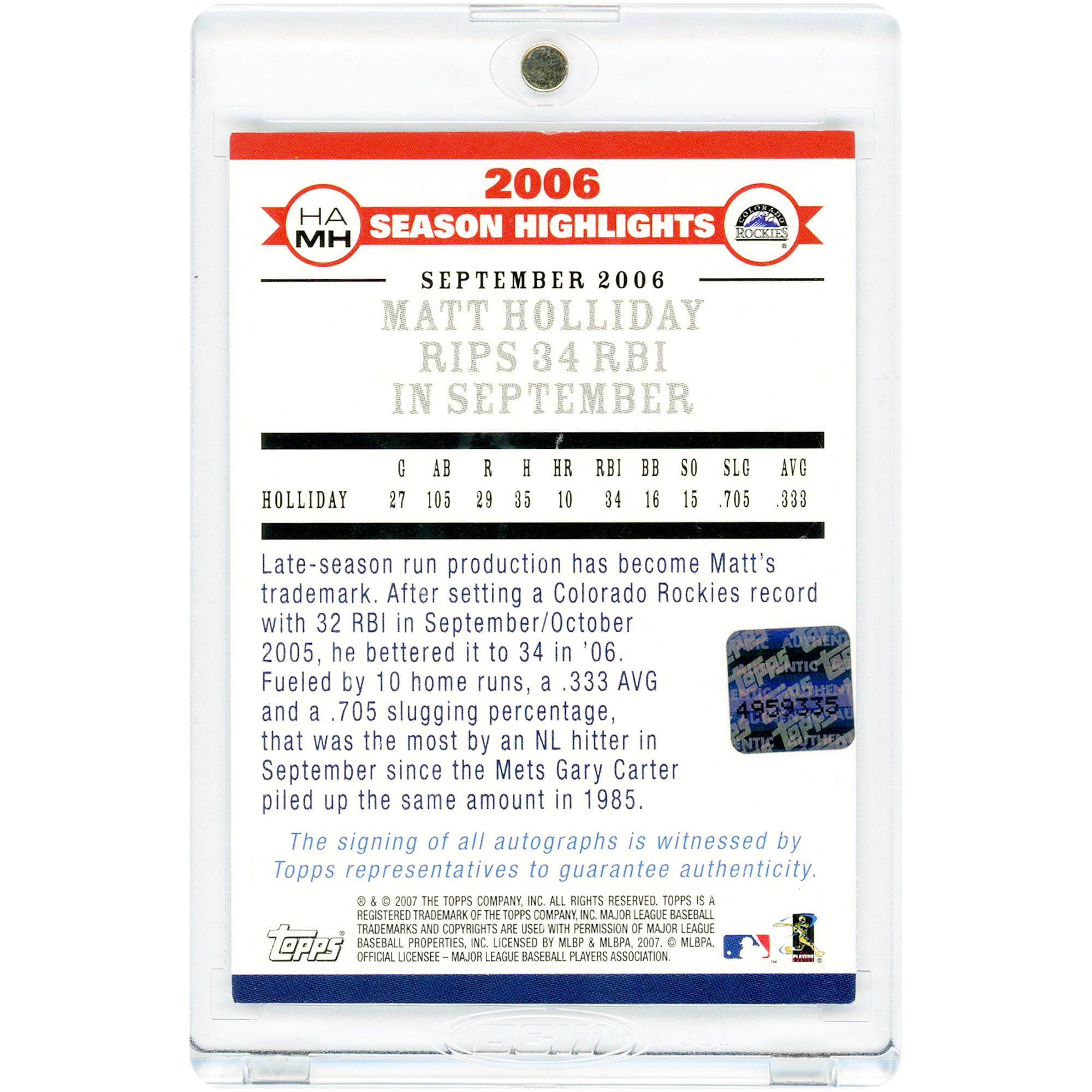 Carte Topps Season Highlights 2007 autographiée de Matt Holliday (Colorado Rockies) #HA-MH