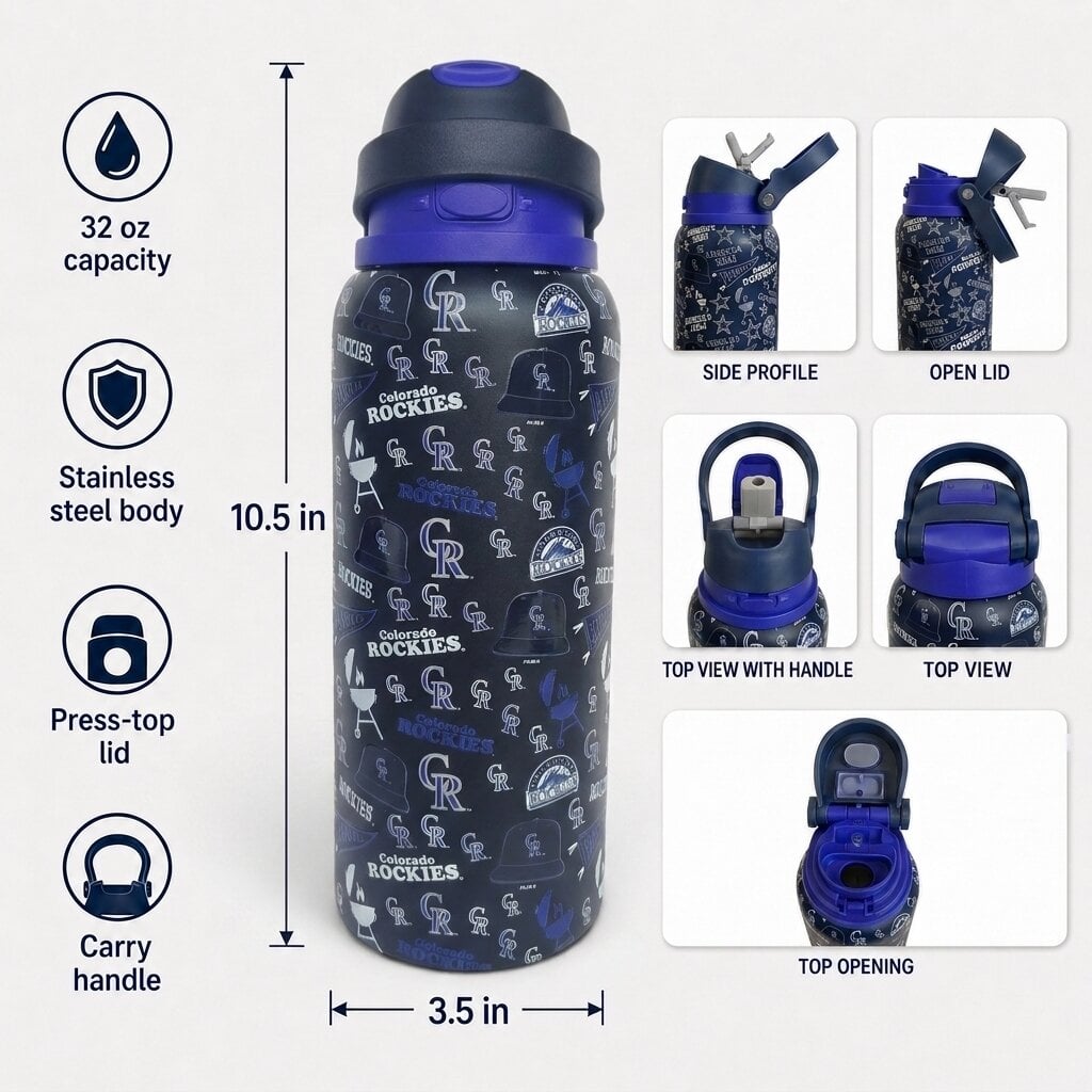 Gourde Pegasus Colorado Rockies 32 oz, motif fanion de match, en acier inoxydable ProPress