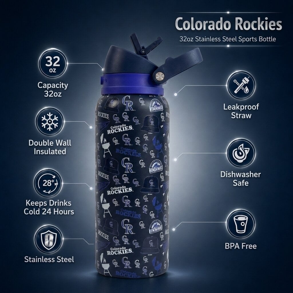 Gourde Pegasus Colorado Rockies 32 oz, motif fanion de match, en acier inoxydable ProPress