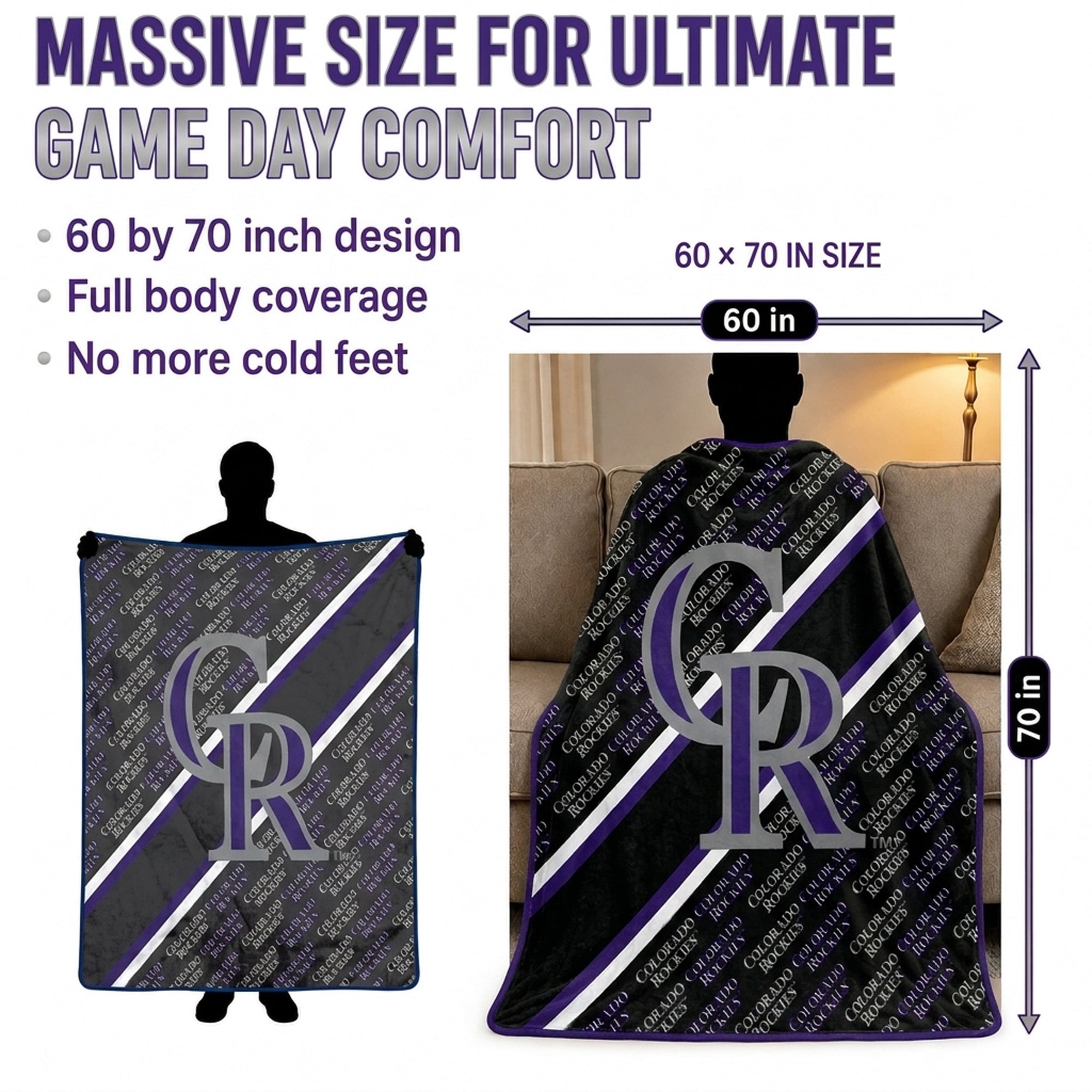 Couverture ultra douce Pegasus Colorado Rockies 60" x 70" (diagonale) avec logo et doublure