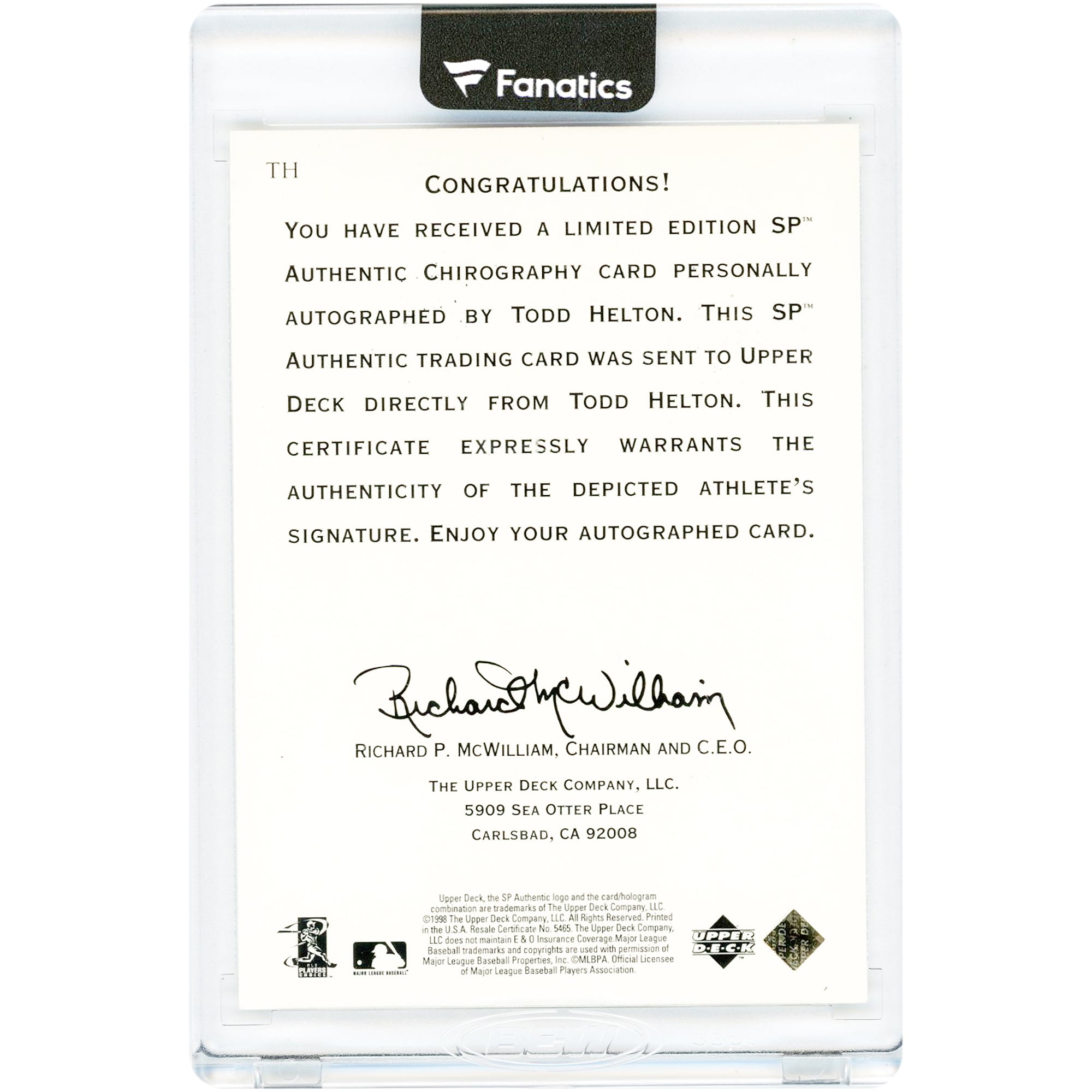 Carte de recrue autographiée de Todd Helton (Colorado Rockies) de 1998, Upper Deck SP Authentic SP Chirography #TH
