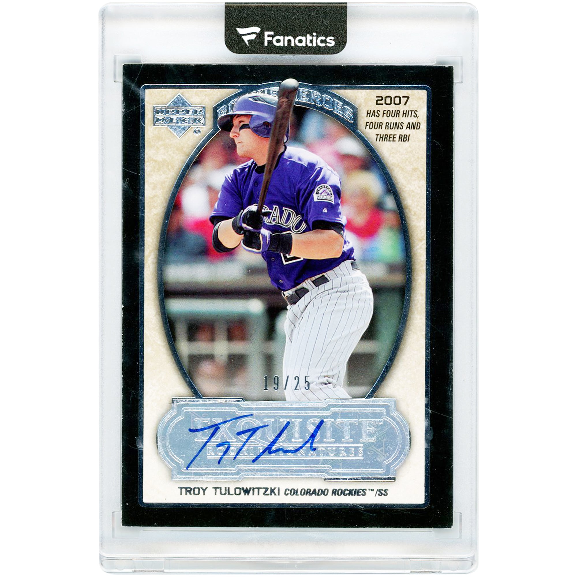 Carte de recrue autographiée de Troy Tulowitzki (Colorado Rockies), collection Upper Deck Exquisite Rookie Signatures Rookie Heroes 2007, n° RH-TT5, n° 19/25
