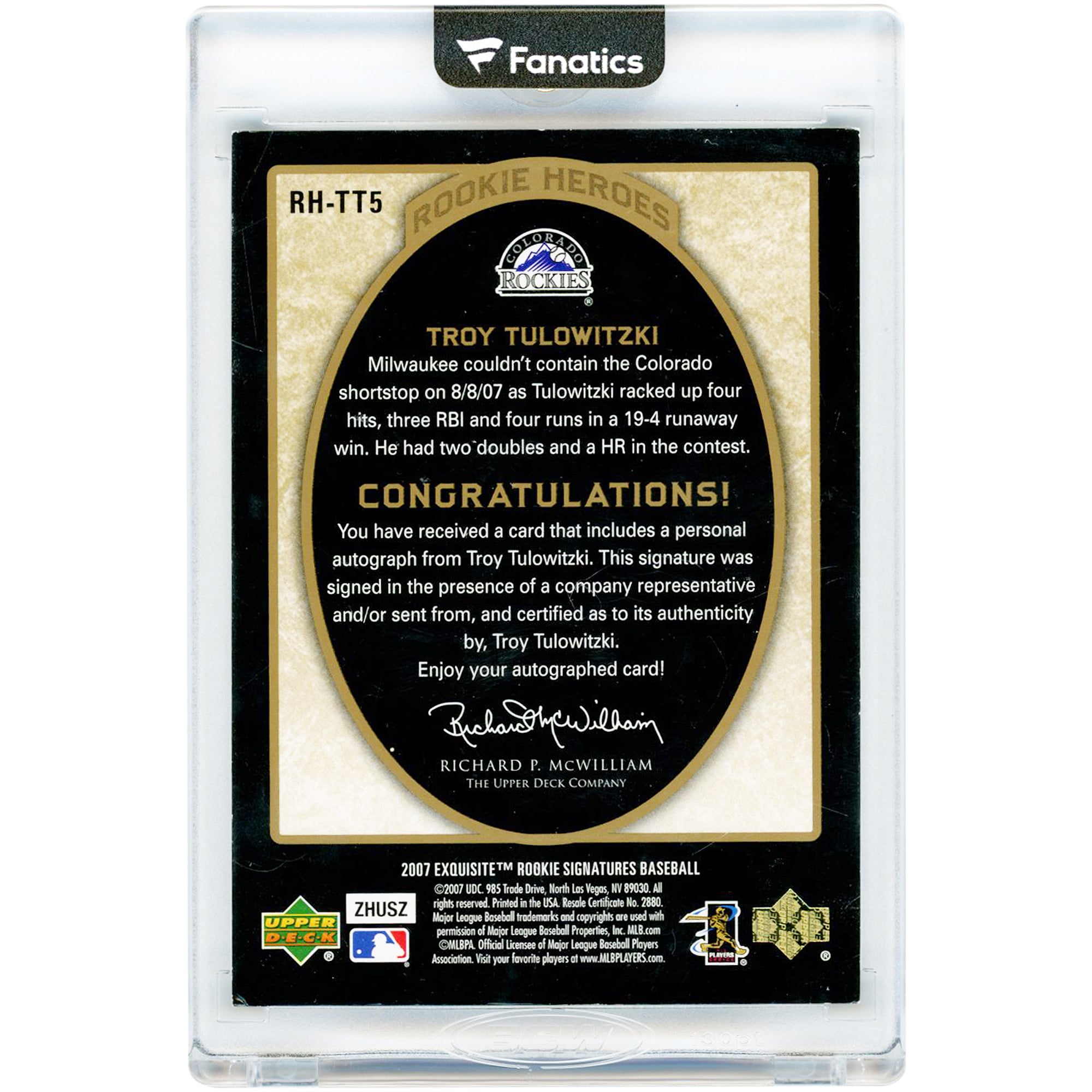 Carte de recrue autographiée de Troy Tulowitzki (Colorado Rockies), collection Upper Deck Exquisite Rookie Signatures Rookie Heroes 2007, n° RH-TT5, n° 19/25