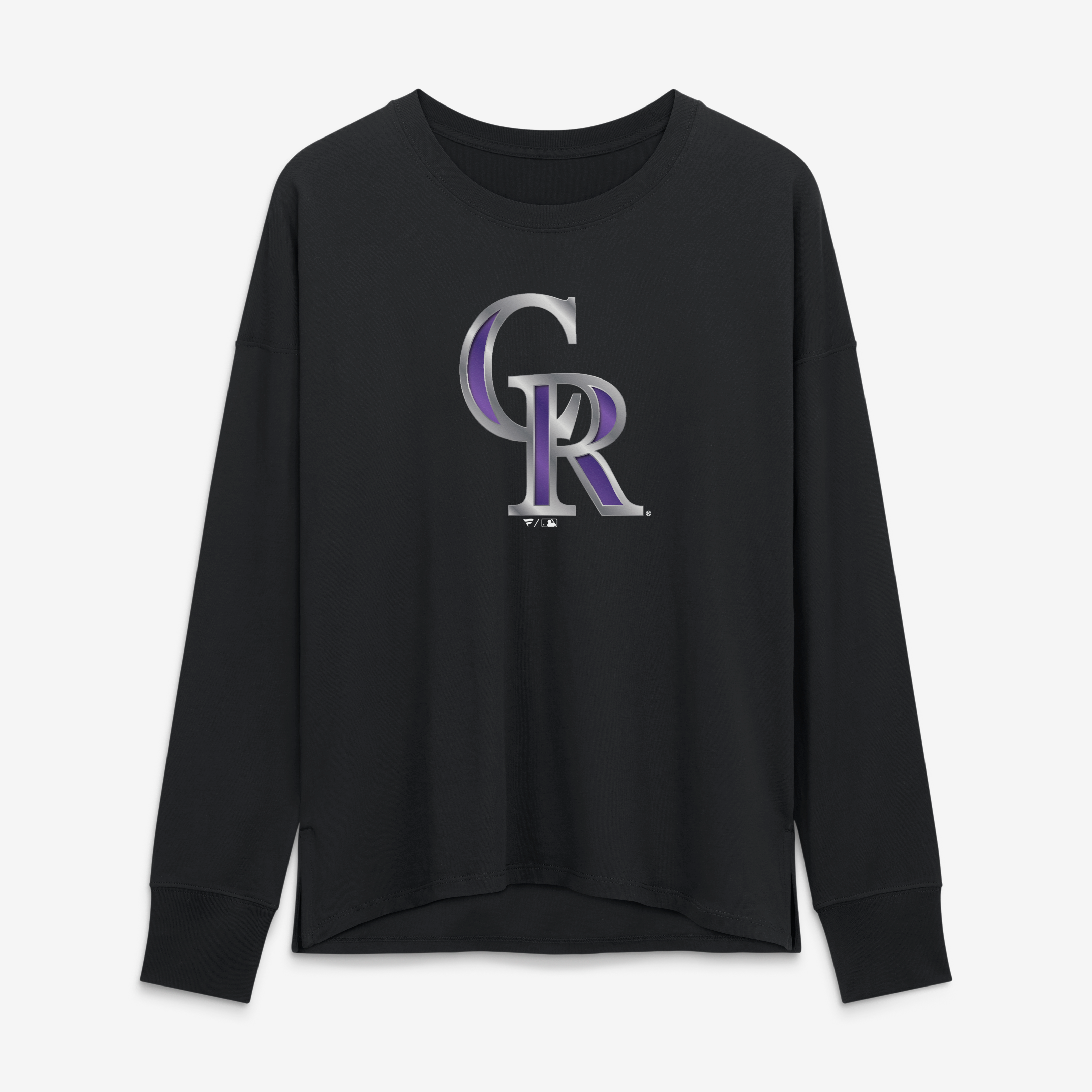 T-shirt à manches longues noir pour femmes Colorado Rockies avec mascotte métallique