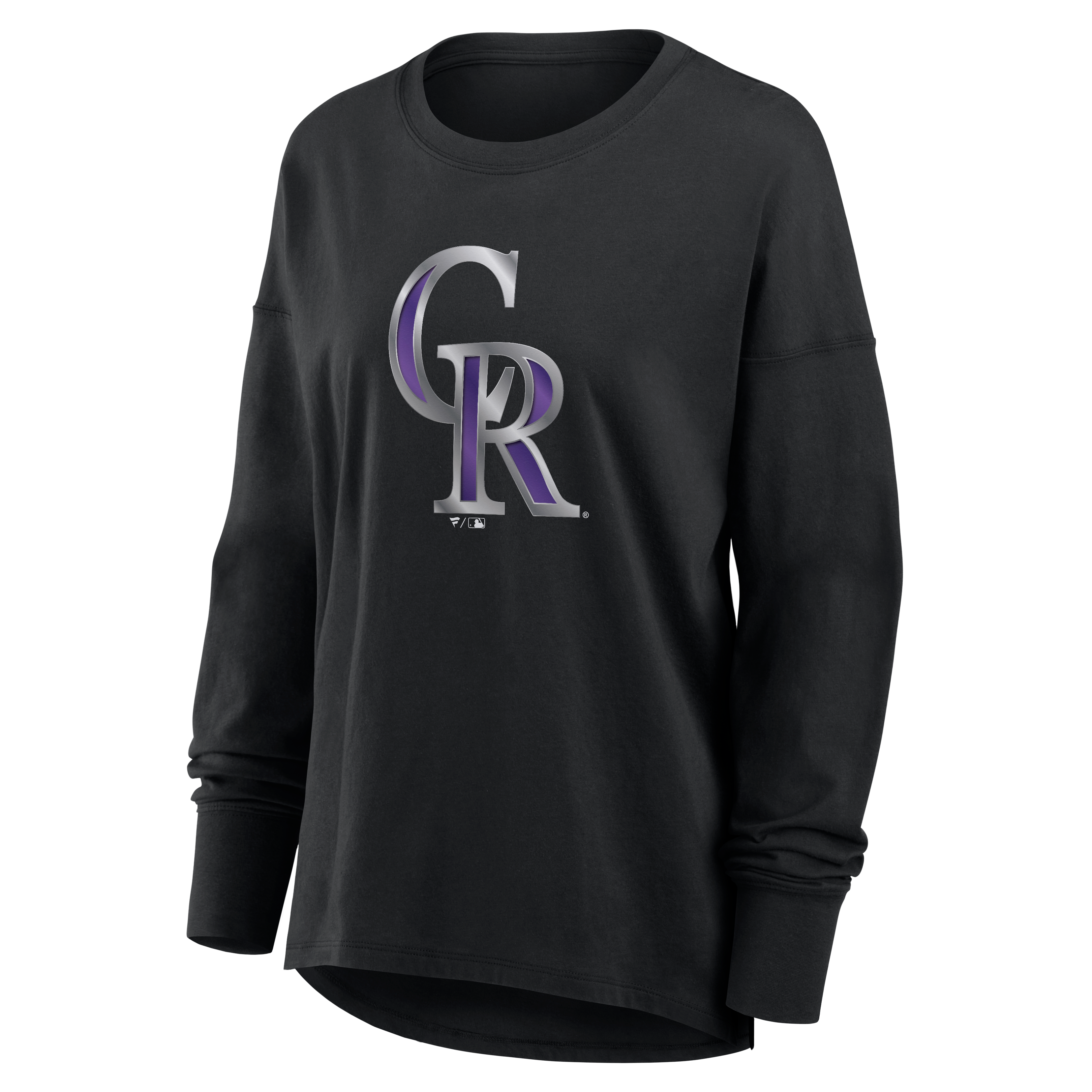 T-shirt à manches longues noir pour femmes Colorado Rockies avec mascotte métallique