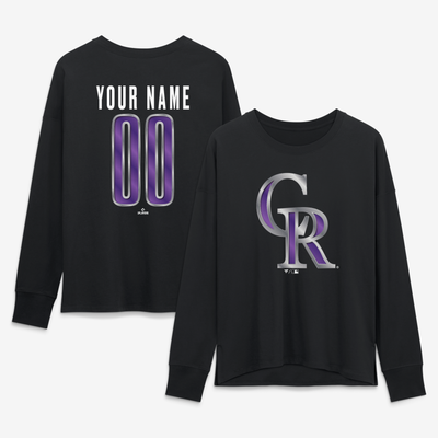 Colorado Rockies Women's Metallic Mascot Personalized Name & Number Long Sleeve T-Shirt - Black