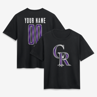 Colorado Rockies Women's Metallic Mascot Personalized Name & Number T-Shirt - Black