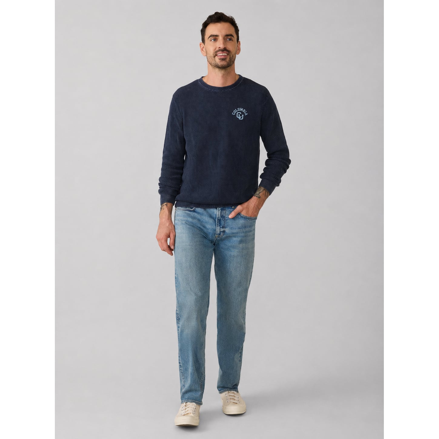 Pull FAHERTY bleu marine pour homme, style Columbia University, délavé au soleil
