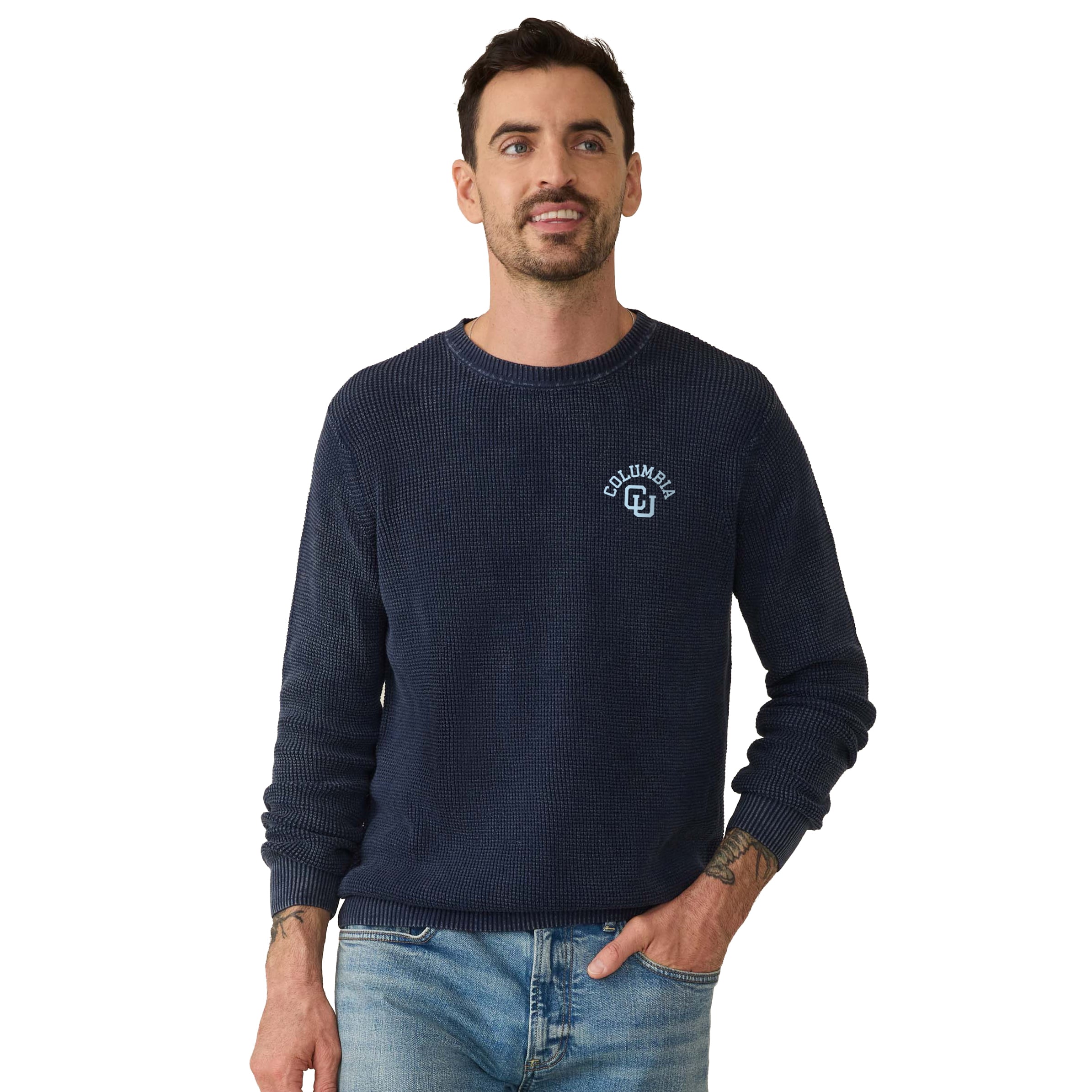 Pull FAHERTY bleu marine pour homme, style Columbia University, délavé au soleil