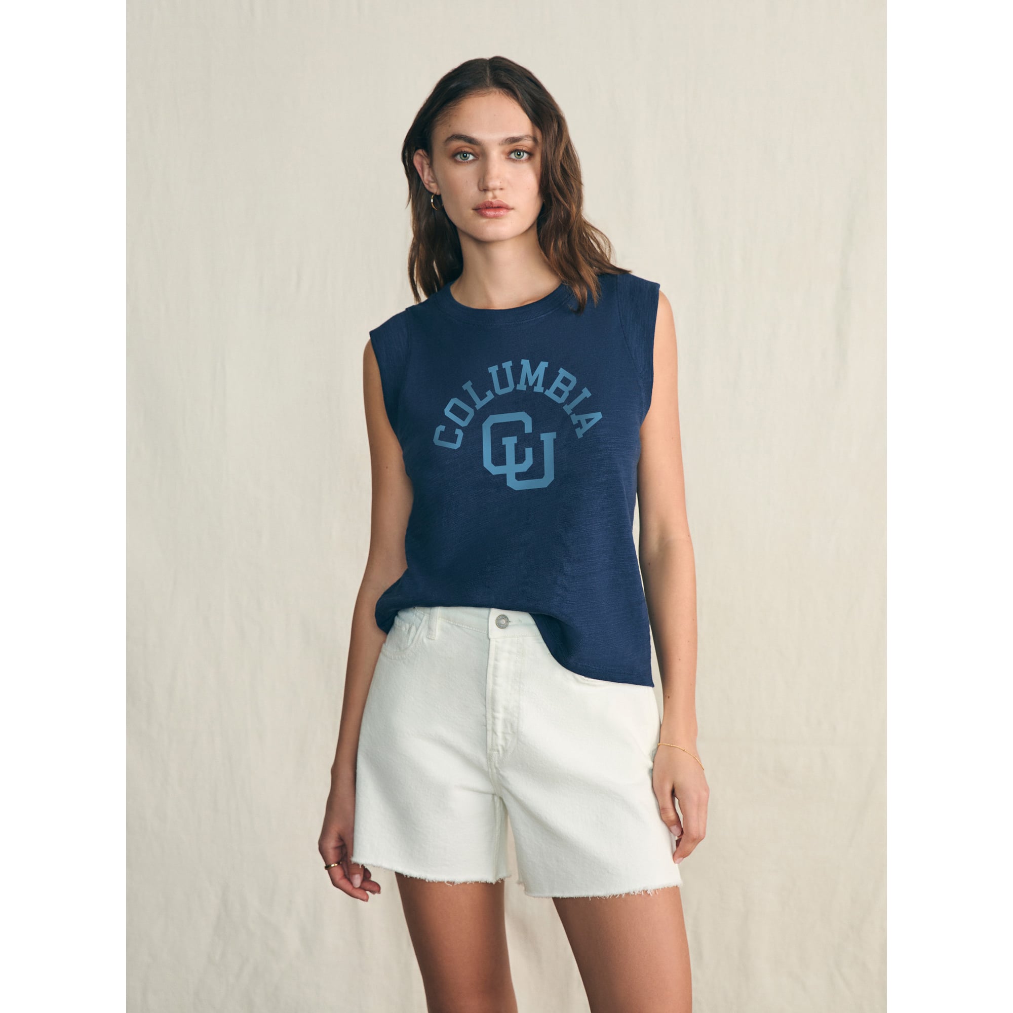 Débardeur de bain FAHERTY pour femme, bleu marine, style Columbia University, effet délavé.
