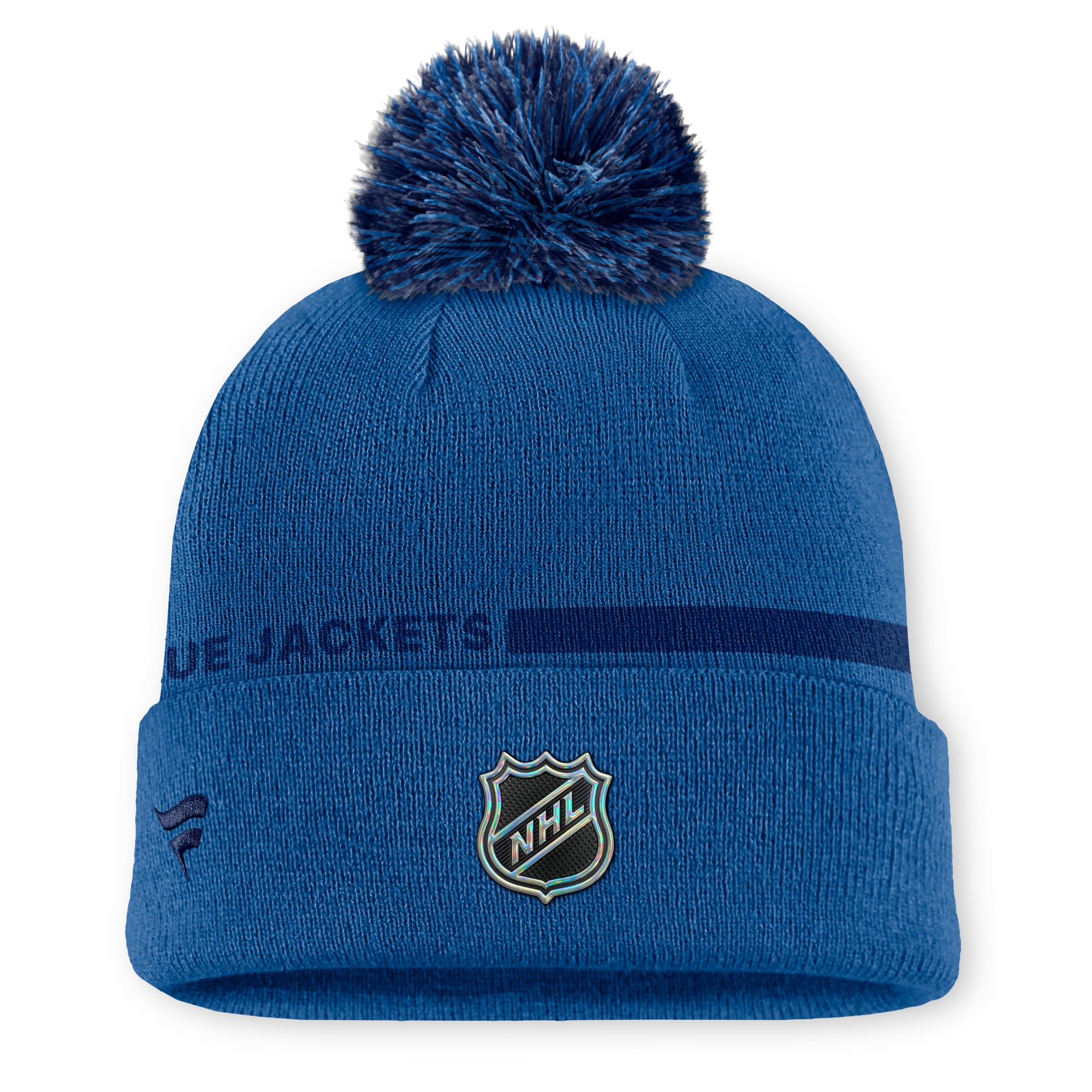 Bonnet tricoté authentique Pro Alternate à revers avec pompon, de la marque Fanatics Blue Columbus Blue Jackets, pour homme