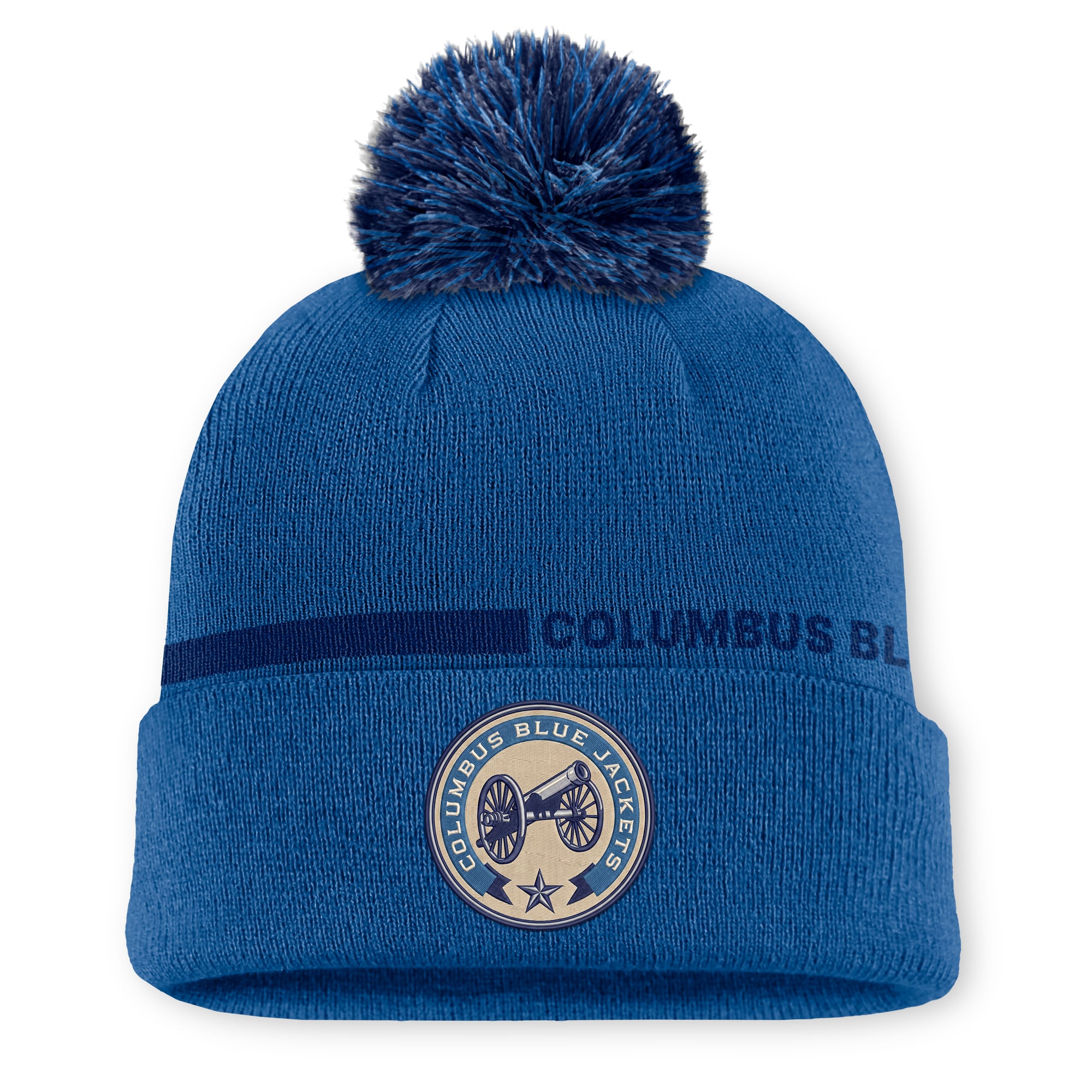 Bonnet tricoté authentique Pro Alternate à revers avec pompon, de la marque Fanatics Blue Columbus Blue Jackets, pour homme