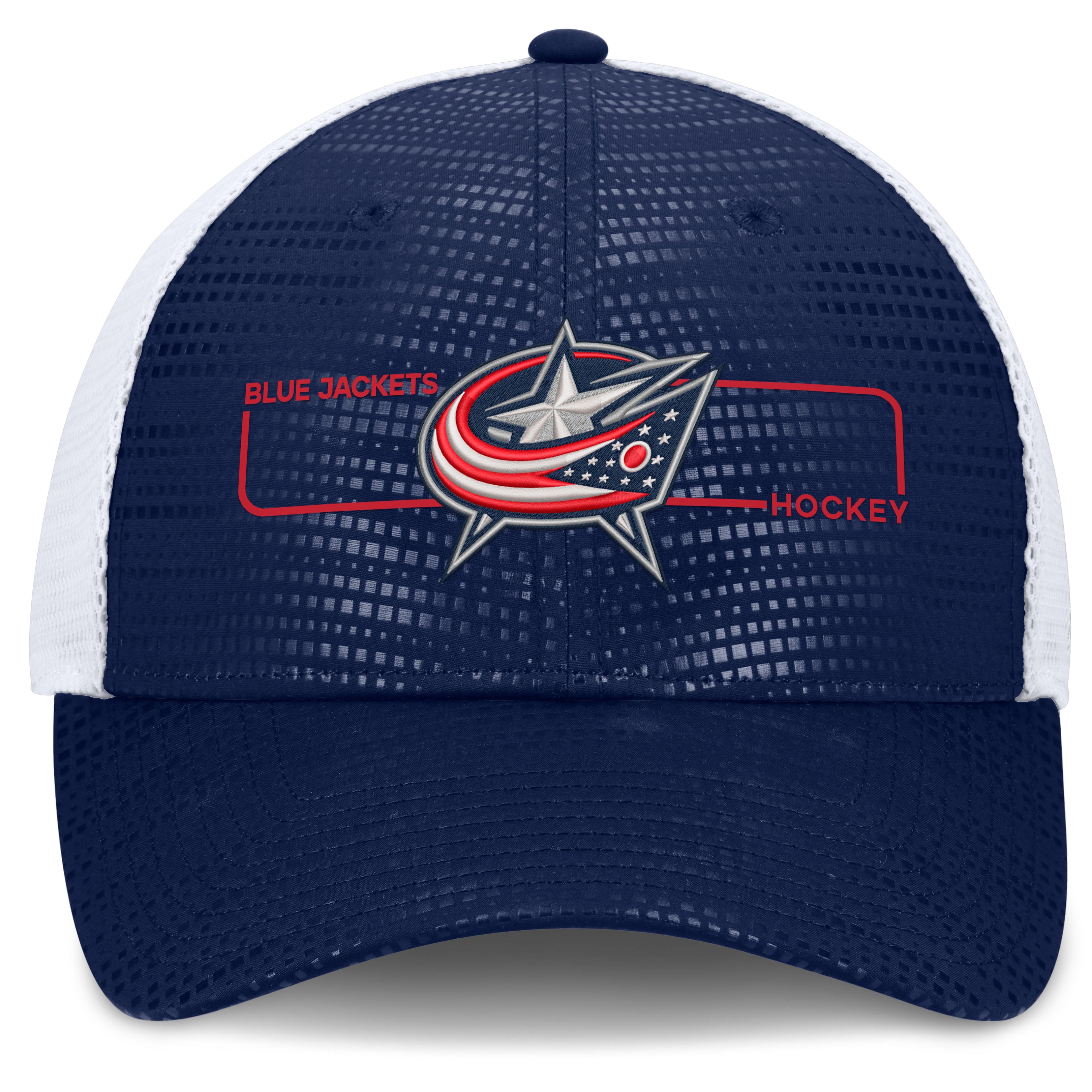 Casquette trucker authentique Fanatics Blue Jackets de Columbus, bleu marine, logo encadré, style pro rink, pour homme
