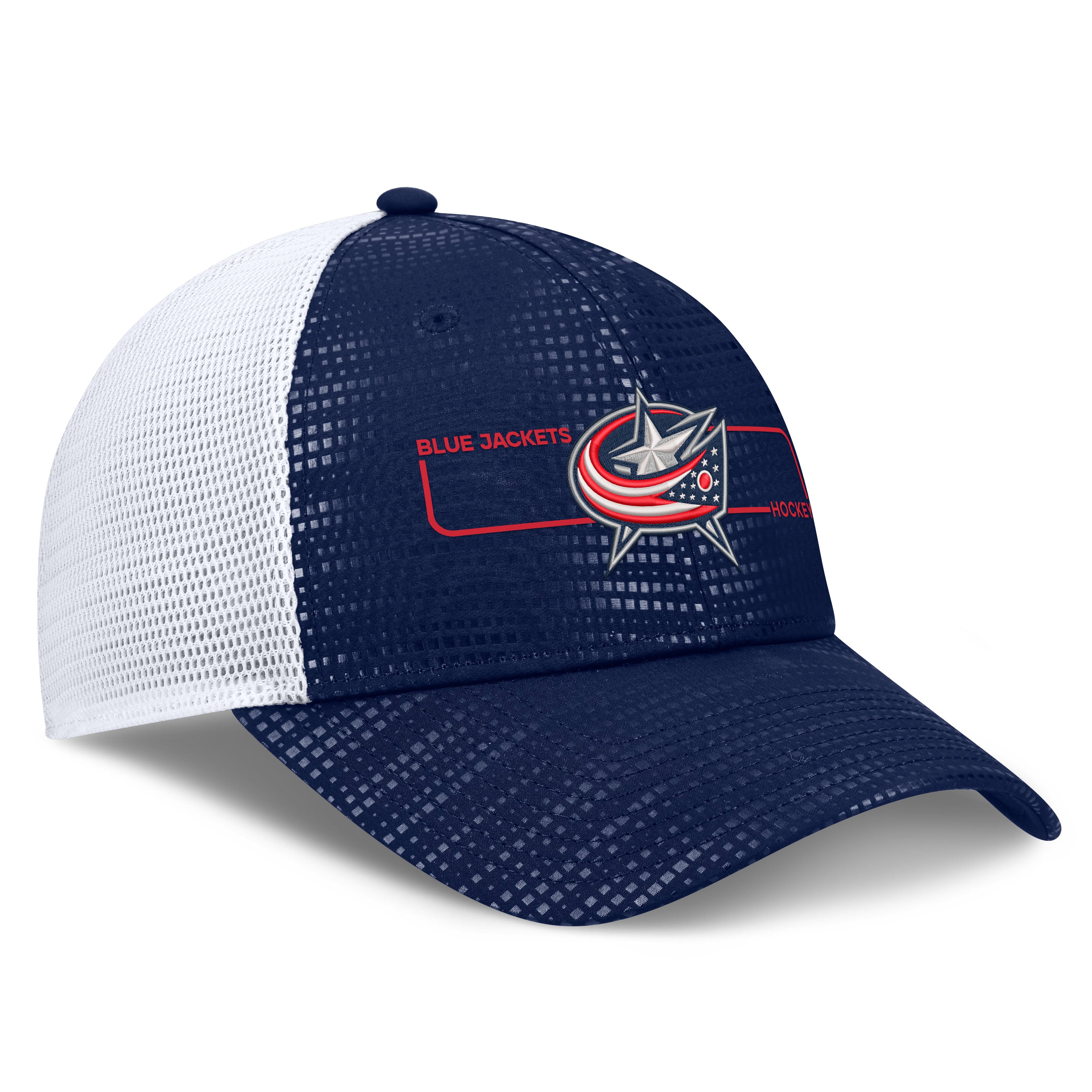 Casquette trucker authentique Fanatics Blue Jackets de Columbus, bleu marine, logo encadré, style pro rink, pour homme