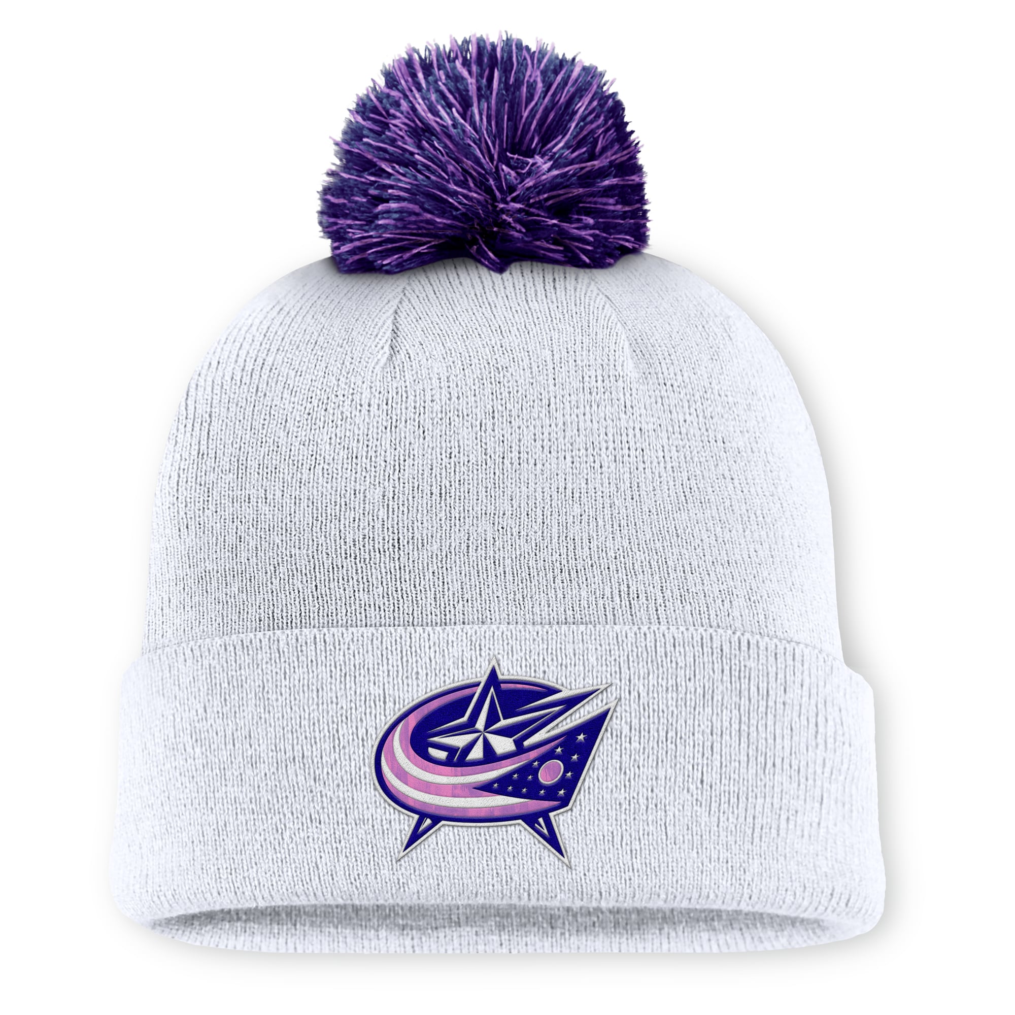 Men's Fanatics White Columbus Blue Jackets Authentic Pro Hockey Fights Cancer Cuffed Knit Hat with Pom
