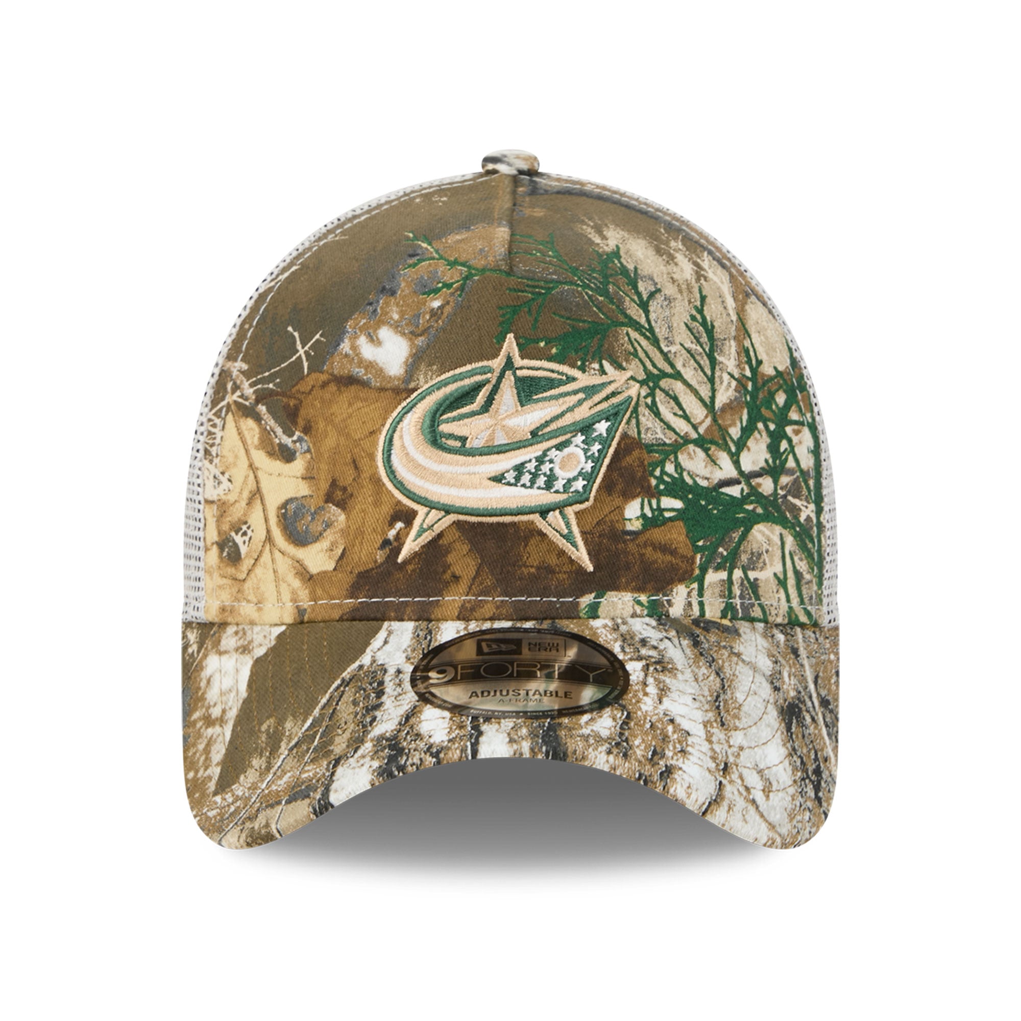 Casquette trucker ajustable New Era 9FORTY camouflage Columbus Blue Jackets Real Tree A-Frame pour homme