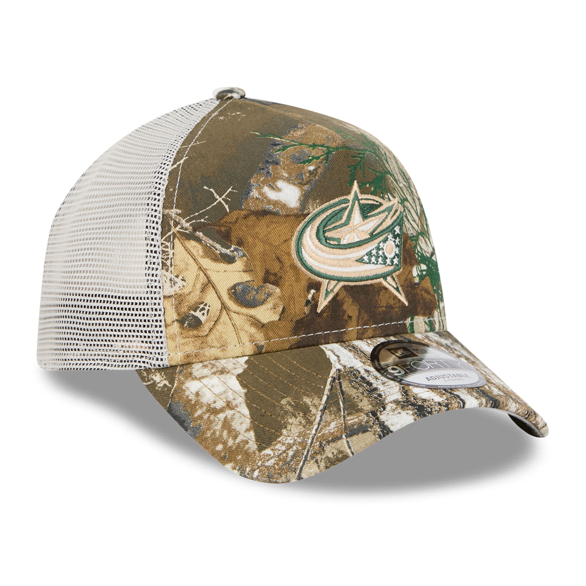 Casquette trucker ajustable New Era 9FORTY camouflage Columbus Blue Jackets Real Tree A-Frame pour homme