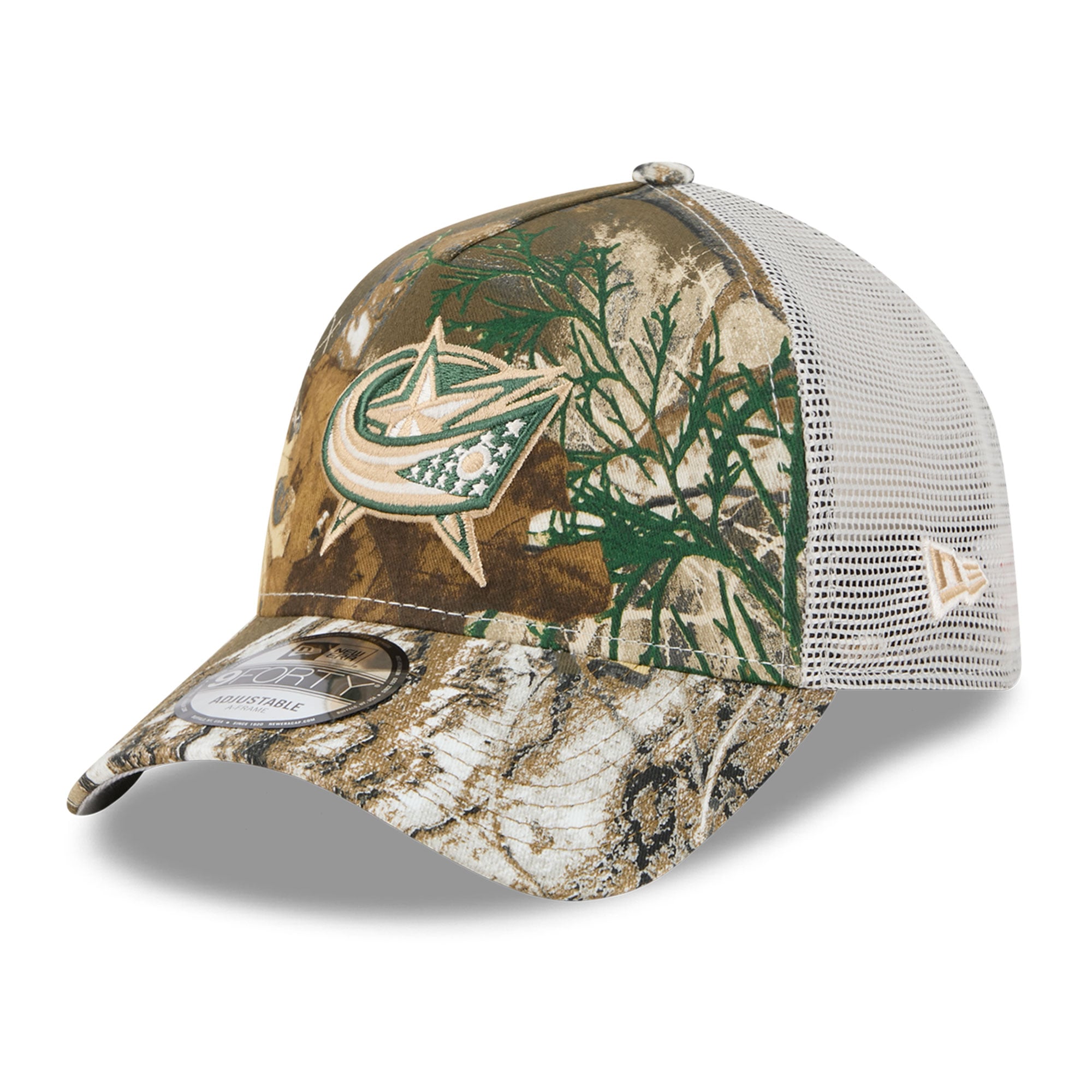 Casquette trucker ajustable New Era 9FORTY camouflage Columbus Blue Jackets Real Tree A-Frame pour homme