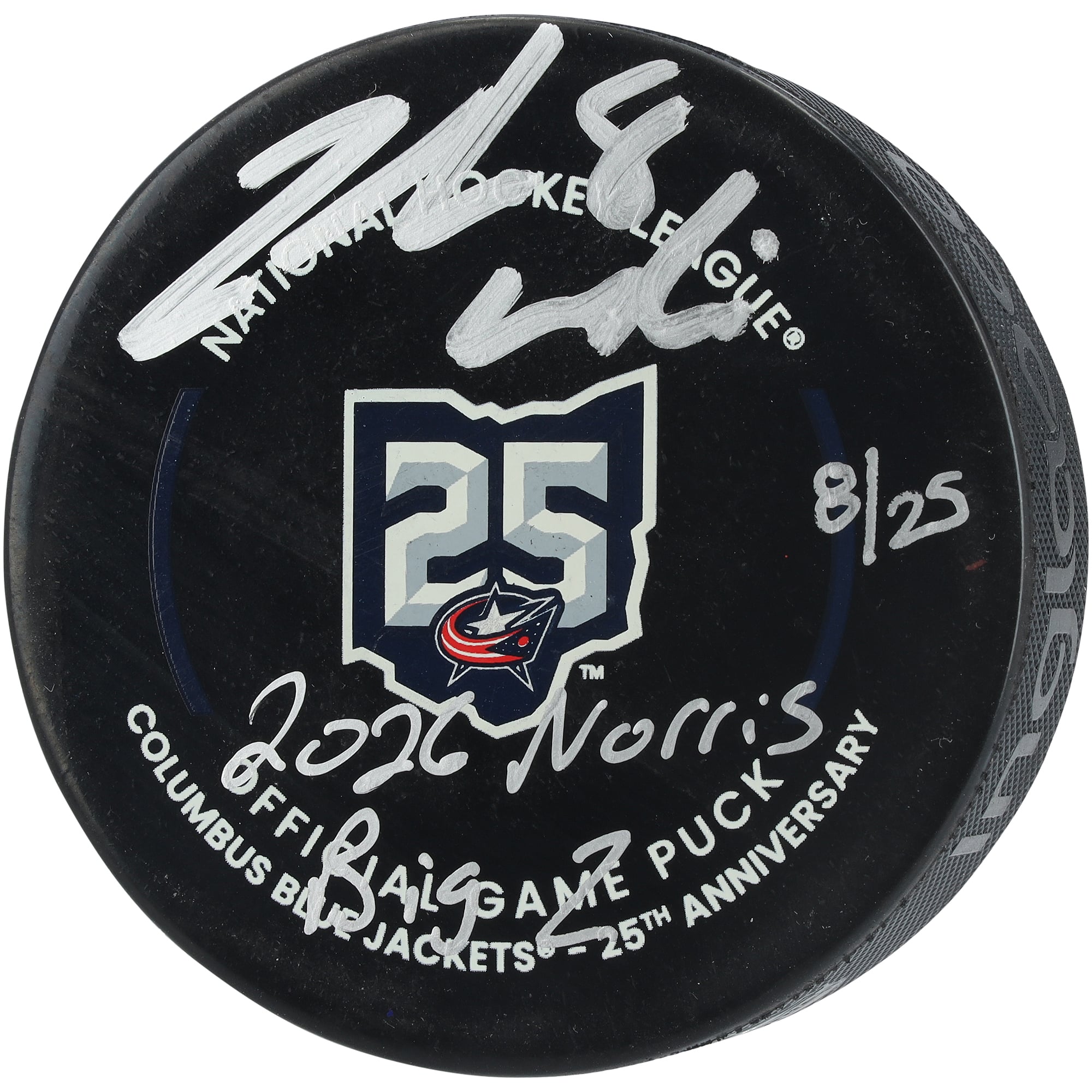 Zach Werenski Columbus Blue Jackets Autographed 25th Anniversary Official Game Puck with Multiple Inscriptions - Limited Edition #8/25