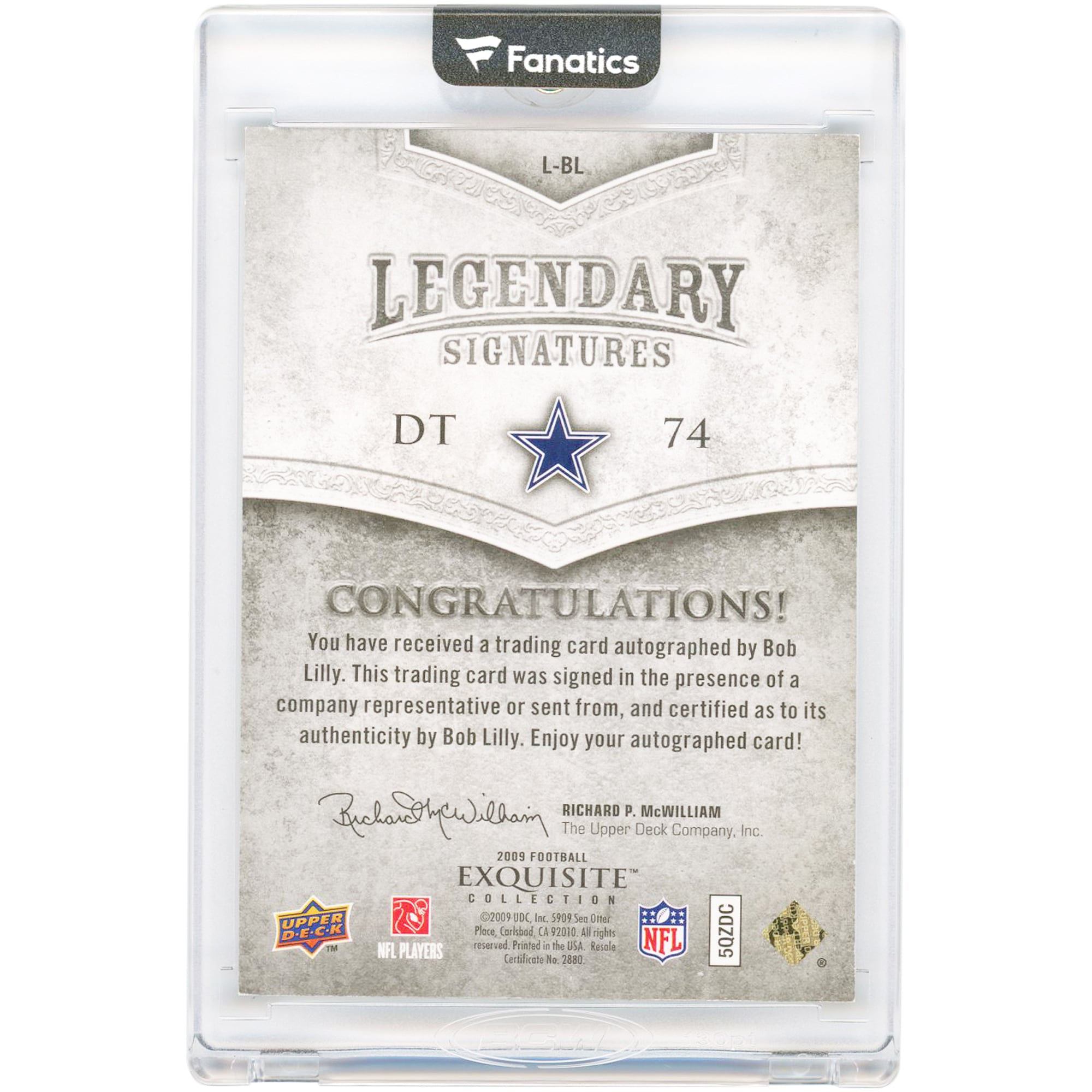 Bob Lilly Dallas Cowboys Autographed 2009 Upper Deck Exquisite Collection Legendary Signatures Silver Ink #L-BL #1/45 Card