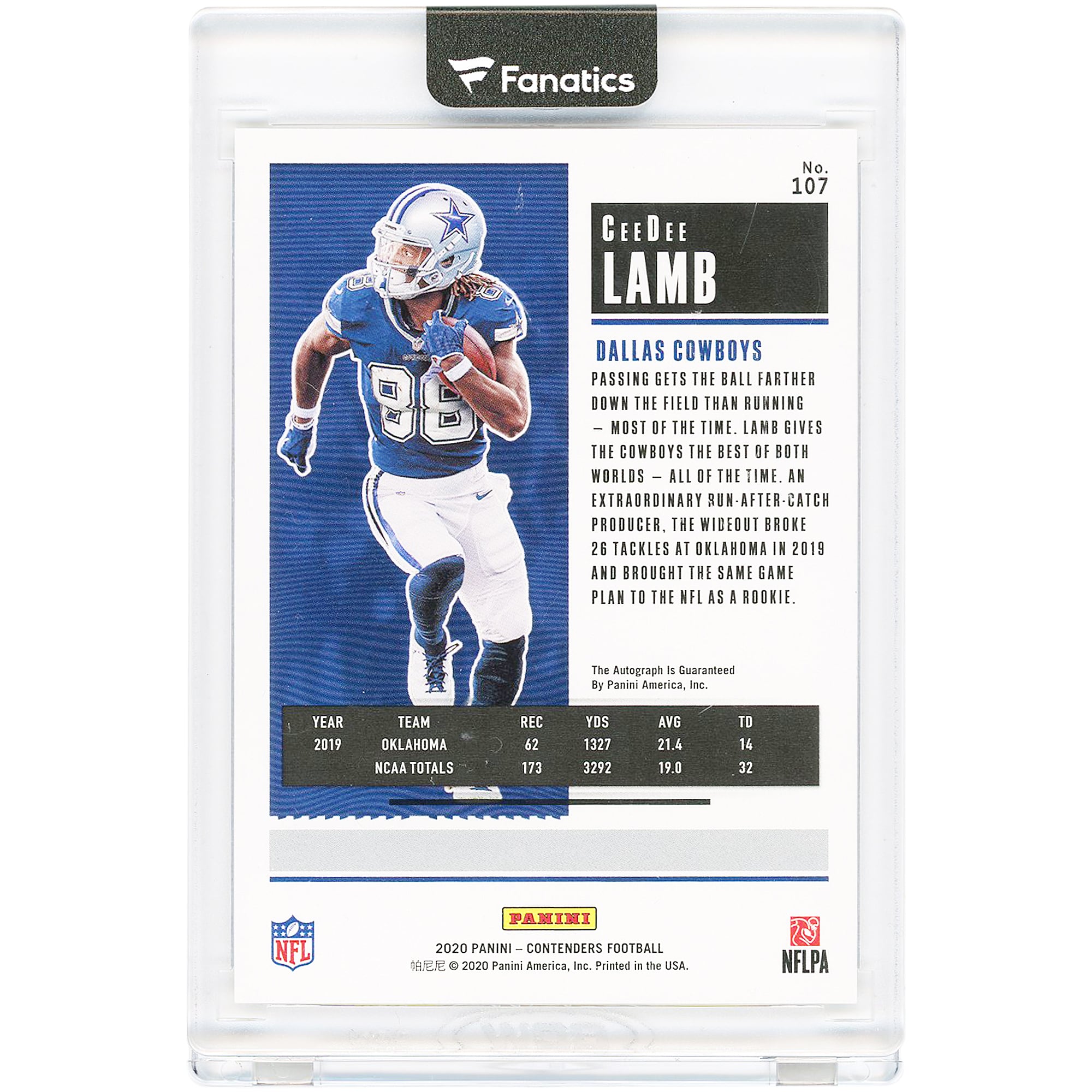 CeeDee Lamb Dallas Cowboys Autographed 2020 Panini Contenders Rookie Ticket #107 Rookie Card
