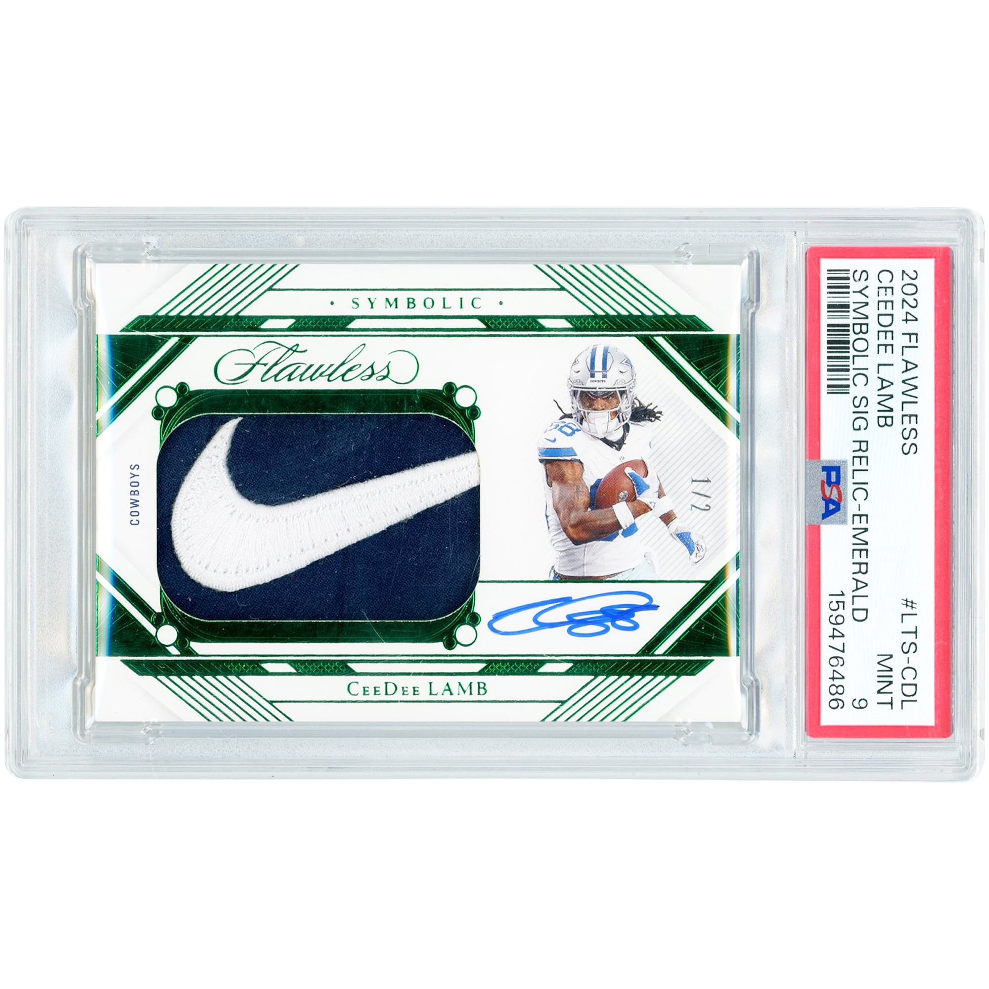 CeeDee Lamb Dallas Cowboys Autographed 2024 Panini Flawless Nike Swoosh Relic Emerald #LTS-CDL #1/2 PSA Authenticated 9 Card