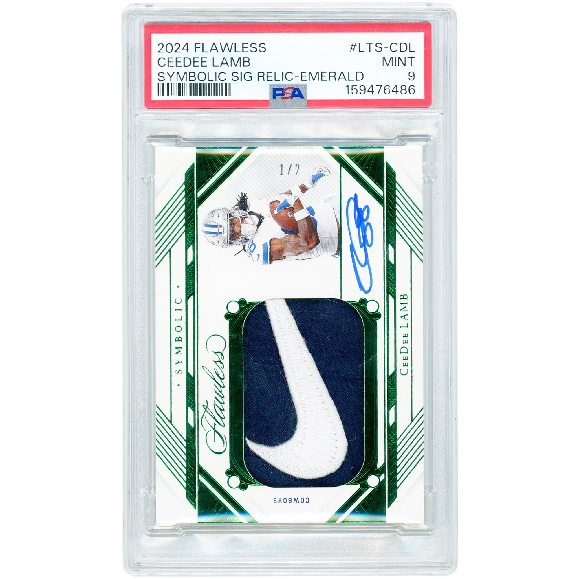 CeeDee Lamb Dallas Cowboys Autographed 2024 Panini Flawless Nike Swoosh Relic Emerald #LTS-CDL #1/2 PSA Authenticated 9 Card