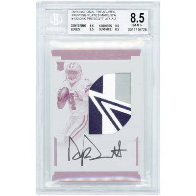 Dak Prescott Dallas Cowboys Autographed 2016 Panini National Treasures Tri-Color Logo Relic RPA Printing Plate #130 #1/1 BGS Authenticated 8.5/10 Rookie Card