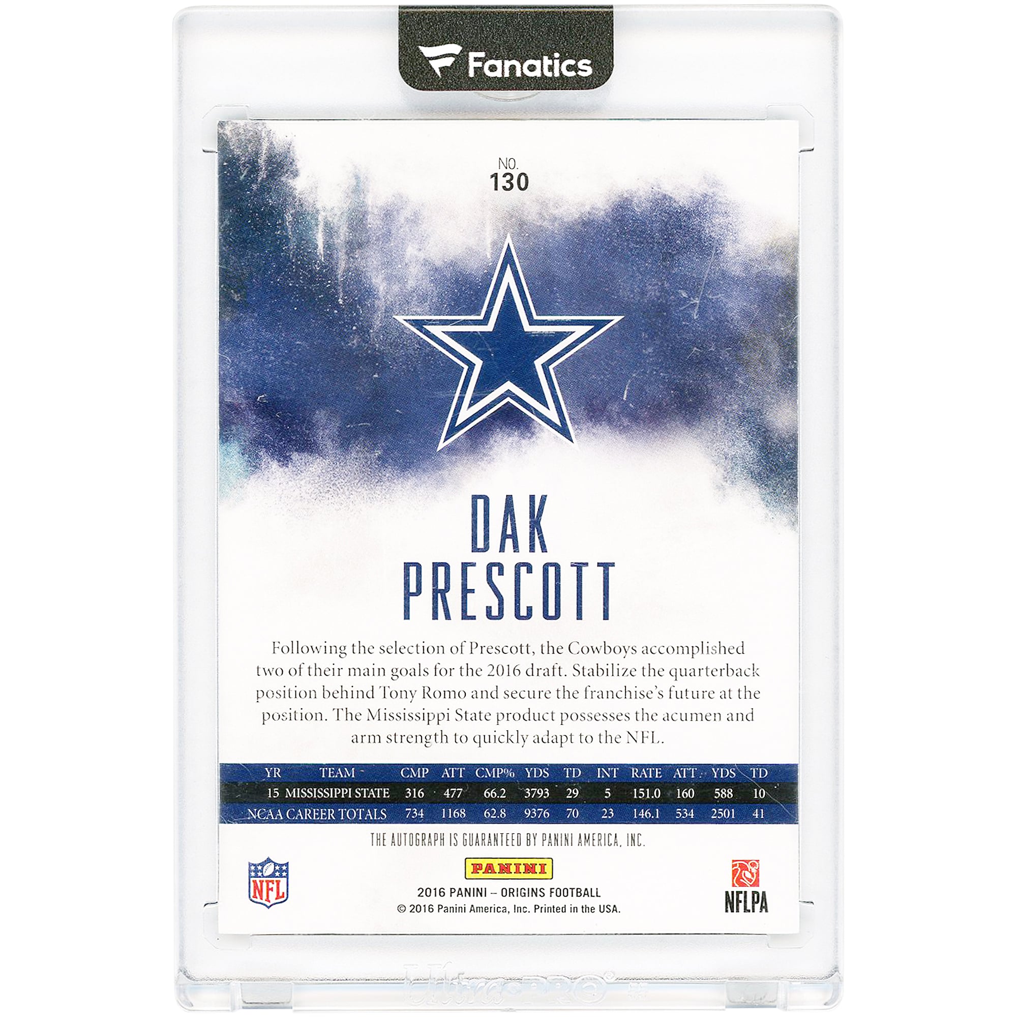 Dak Prescott Dallas Cowboys Autographed 2016 Panini Origins #130 Rookie Card