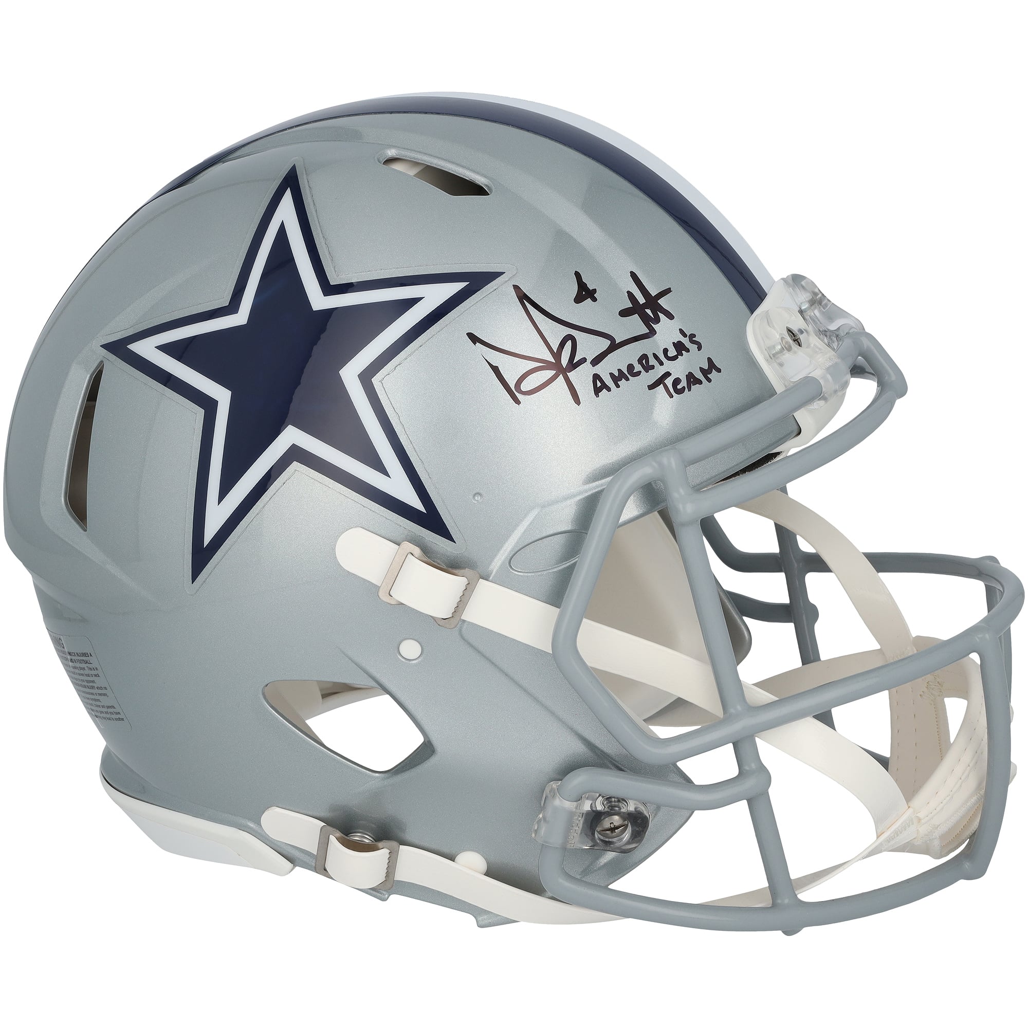Casque Riddell Speed ​​Authentic autographié par Dak Prescott des Dallas Cowboys avec inscription « America's Team »