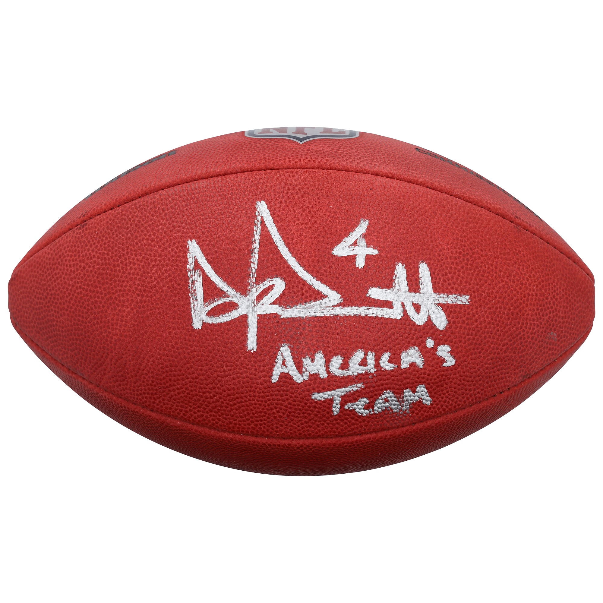 Ballon de football américain Wilson Duke en couleurs, autographié par Dak Prescott des Dallas Cowboys, avec l'inscription « America's Team ».
