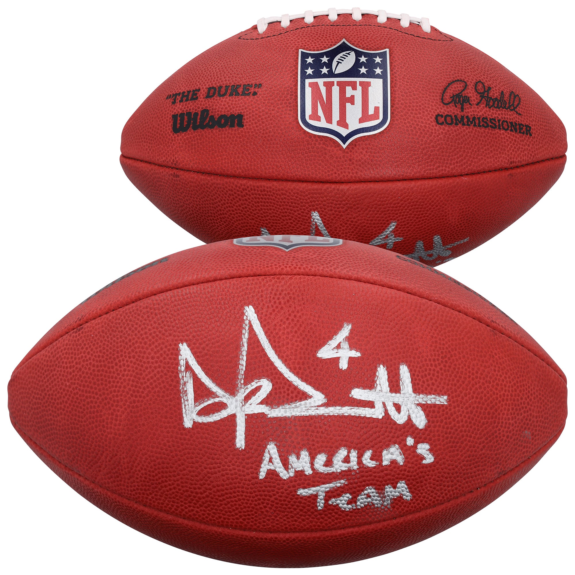 Ballon de football américain Wilson Duke en couleurs, autographié par Dak Prescott des Dallas Cowboys, avec l'inscription « America's Team ».