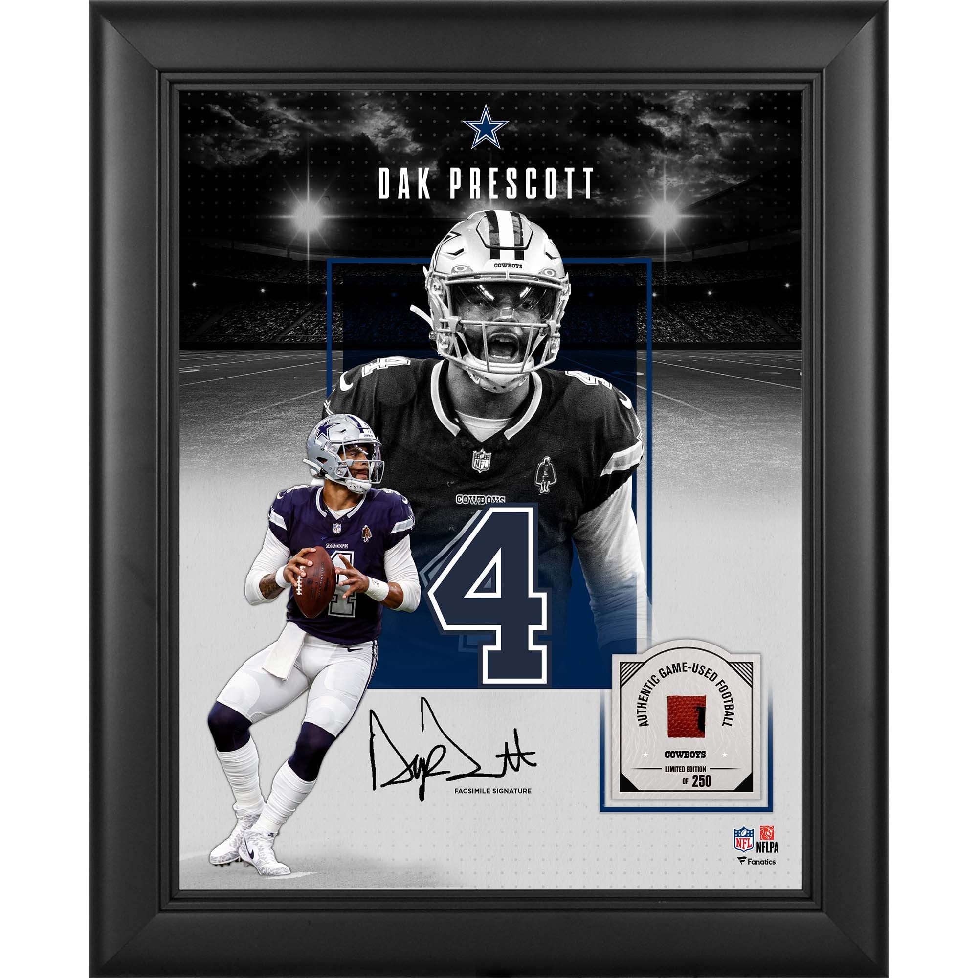 Dak Prescott Dallas Cowboys Facsimile Signature Framed 11" x 14" Showcase Collage with a Piece of Game-Used Football - Limited Edition of 250